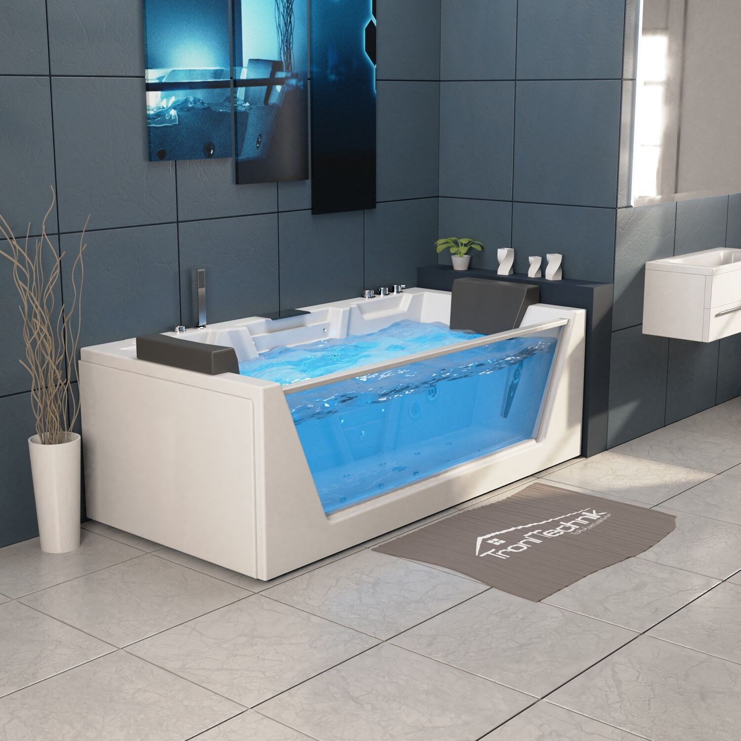 TroniTechnik® Whirlpool Badewanne MYKONOS 180cm x 88cm mit Heizung, Wasserfall, Hydromassage und Farblichtherapie, Sanitäracryl | 04062048004064