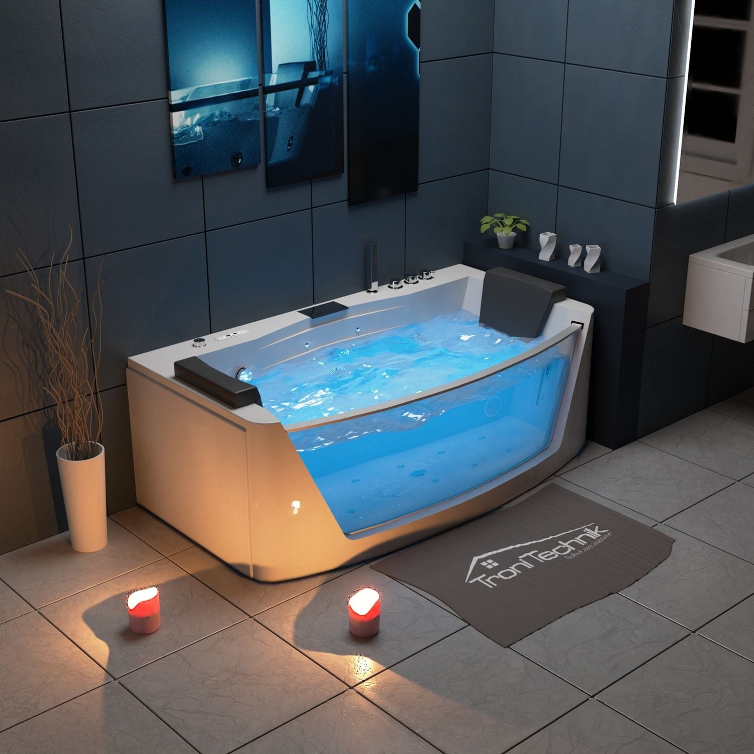 TroniTechnik&reg; Whirlpool Badewanne MILOS 180cm x 88cm mit Heizung, Wasserfall, Hydromassage und Farblichtherapie, Sanit&auml;racryl - Bild 1