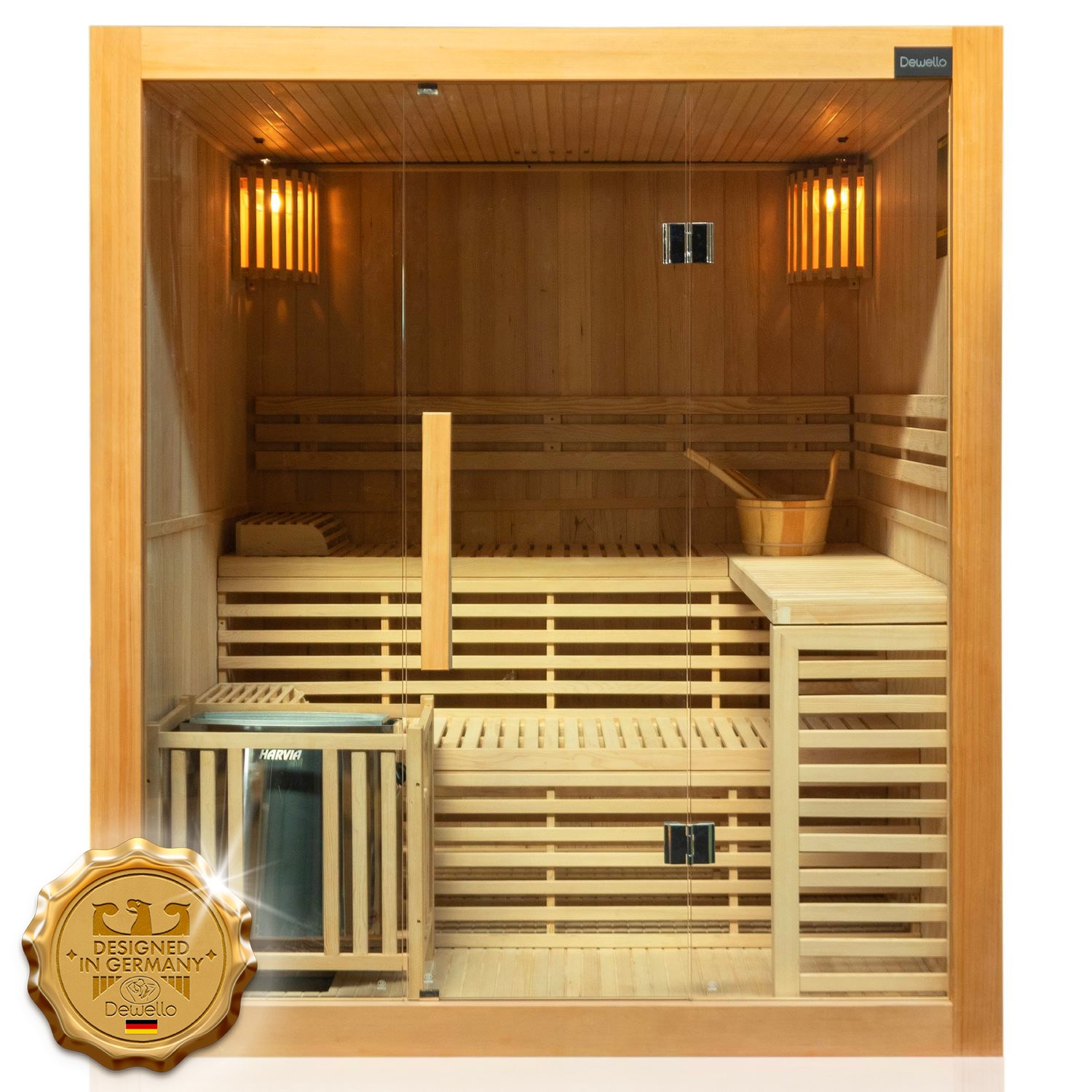 Dewello&reg; Finnische Traditionelle Sauna SARNIA 180cm x 140cm inkl. 6 KW Harvia Ofen, inkl.  Aufguss-Set, Sanduhr, Thermometer - Bild 1