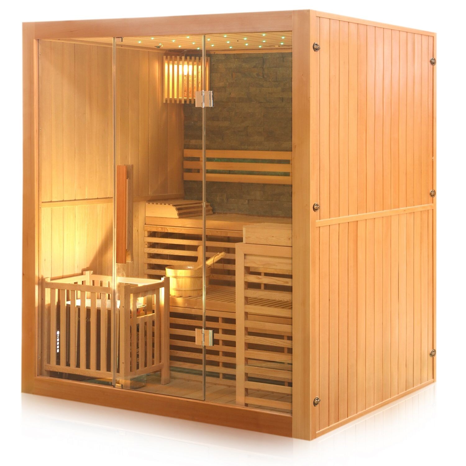 Dewello® Finnische Traditionelle Sauna SARNIA PLUS 180cm x 140cm inkl. 6 KW Harvia Ofen, inkl.  Aufguss-Set, Sanduhr, Thermometer | 04251575100206