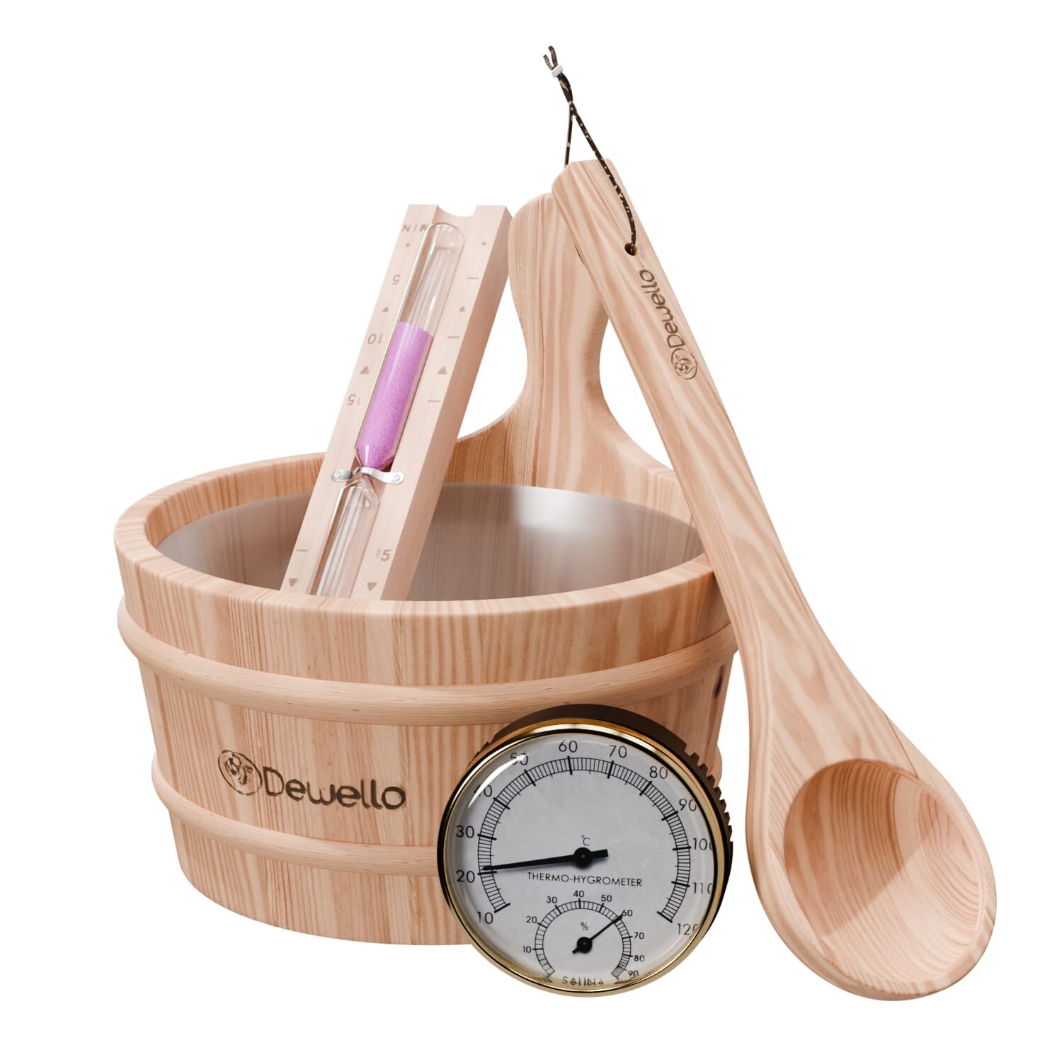 Dewello® Sauna Zubehör Set   Saunathermometer, Hygrometer, Sanduhr, Aufguss Eimer & Saunakelle   Saunazubehör für Zuhause | 04251575100411