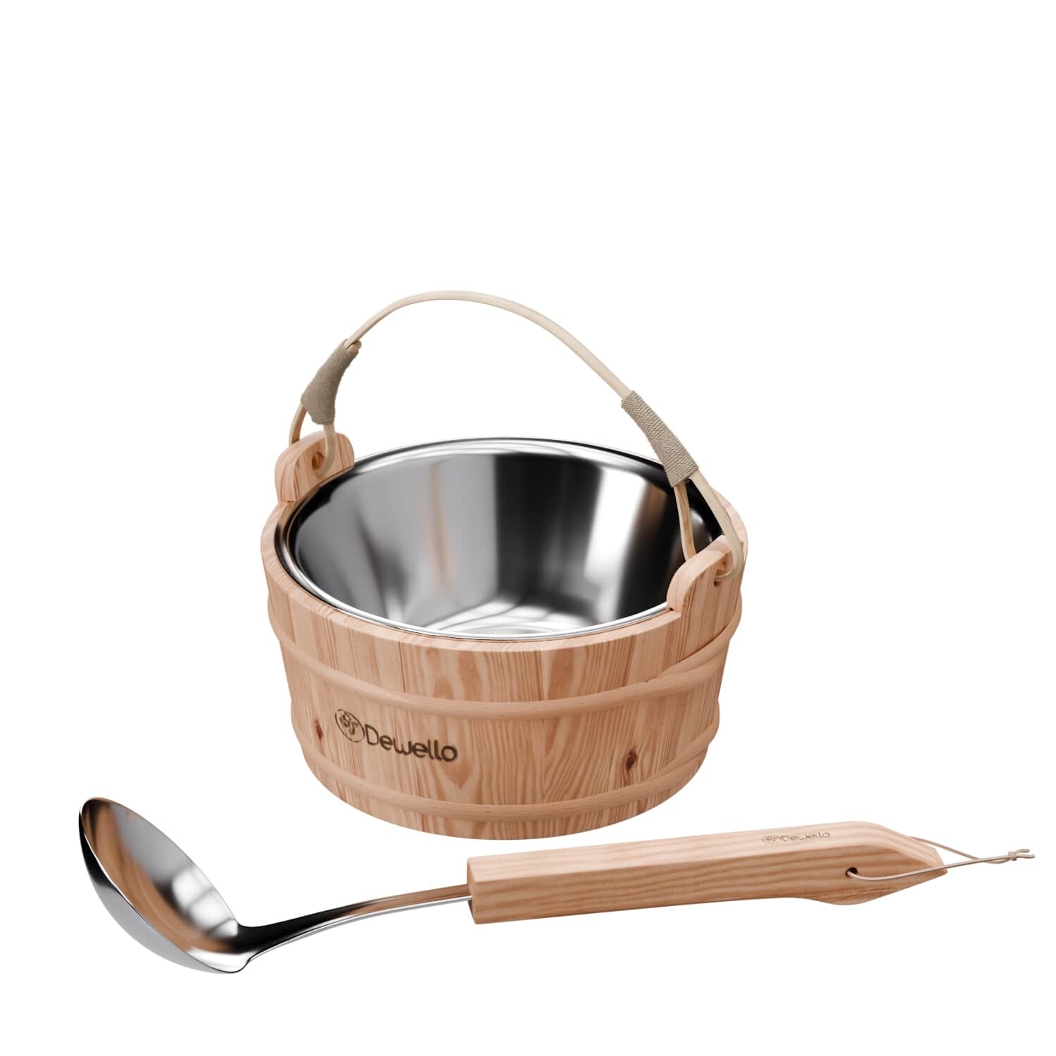 Dewello® Saunaeimer inkl. Kelle mit Edelstahleinsatz, Fassungsvermögen ca. 3 Liter, Hemlock-Holz, Bambusstreben | 04251575101197
