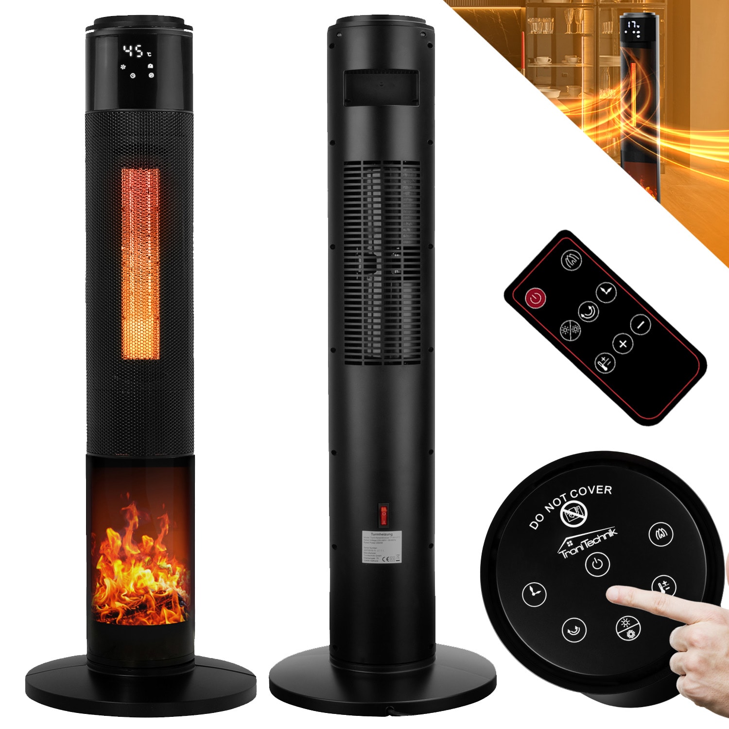 TroniTechnik&reg; PTC Turmheizer Keramikheizer Elektrokamin mit Heizung und Kaminfeuer 2000 Watt Heizl&uuml;fter, Oszillation - Bild 1