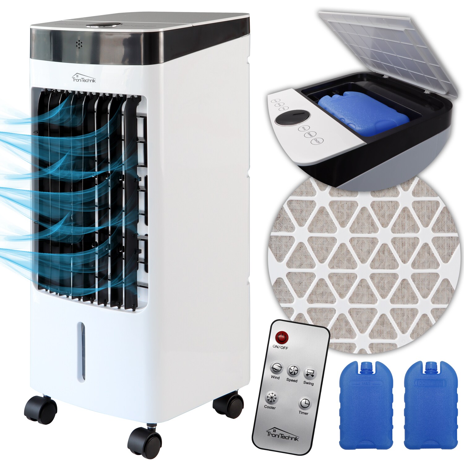 TroniTechnik® Mobiles Klimagerät 3in1 Klimaanlage Luftkühler LK04 Ventilator, inkl. Fernbedienung und Filter, 4in1 Kühle