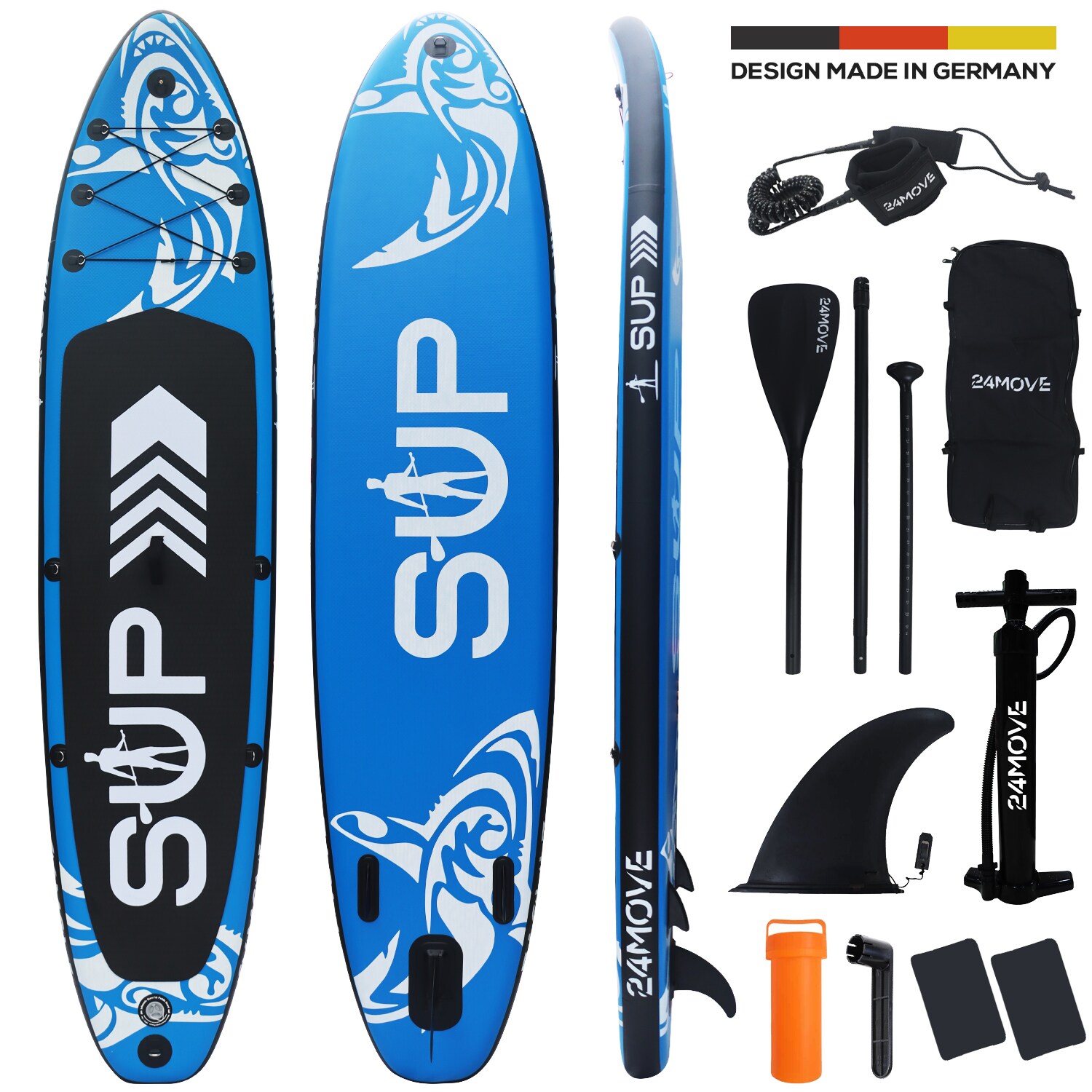24MOVE&reg; Standup Paddle Board SUP, inkl. umfangreichem Zubeh&ouml;r, Paddel und Hochdruckpumpe, BLAU, 366x80x15cm - Bild 1