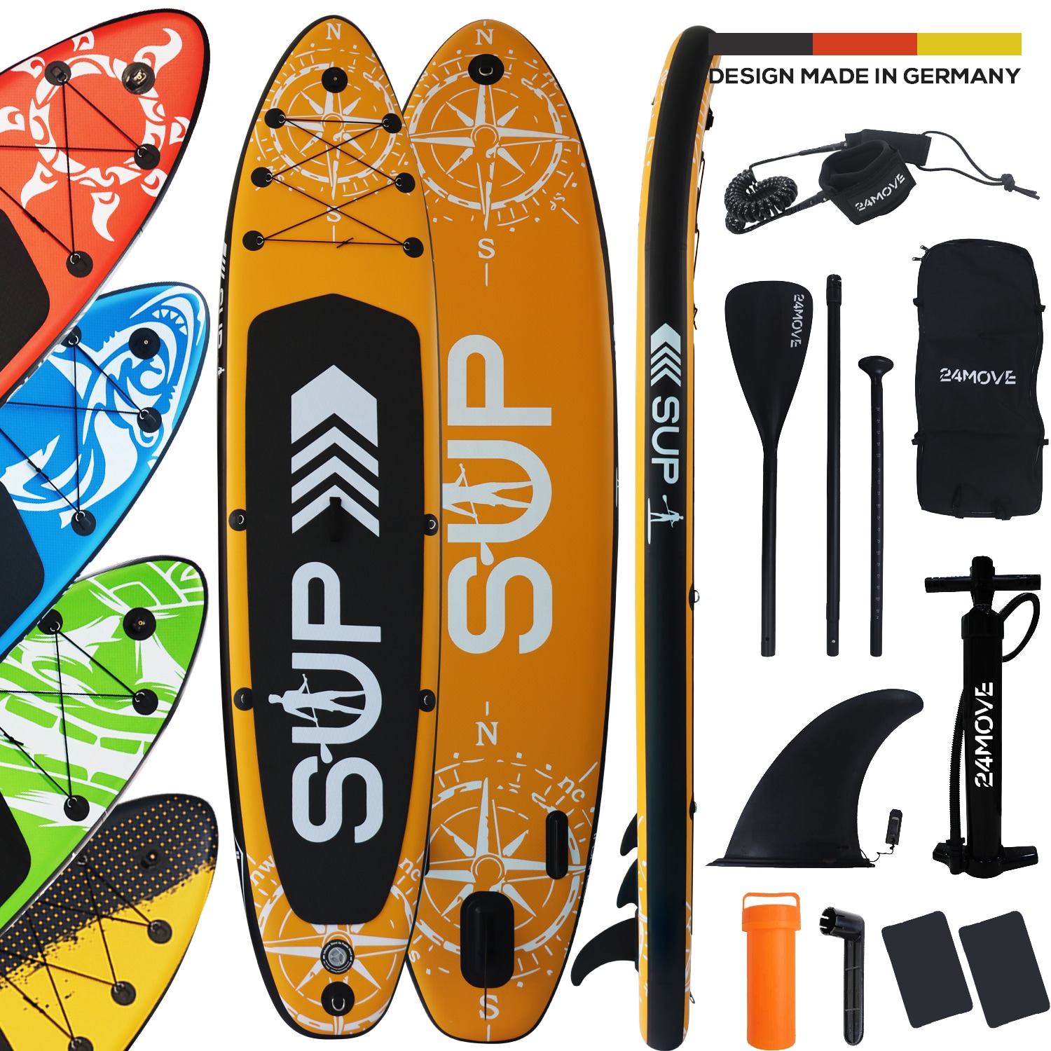 24MOVE&reg; Standup Paddle Board SUP, inkl. umfangreichem Zubeh&ouml;r, Paddel und Hochdruckpumpe, ORANGE, 366x80x15cm - Bild 1