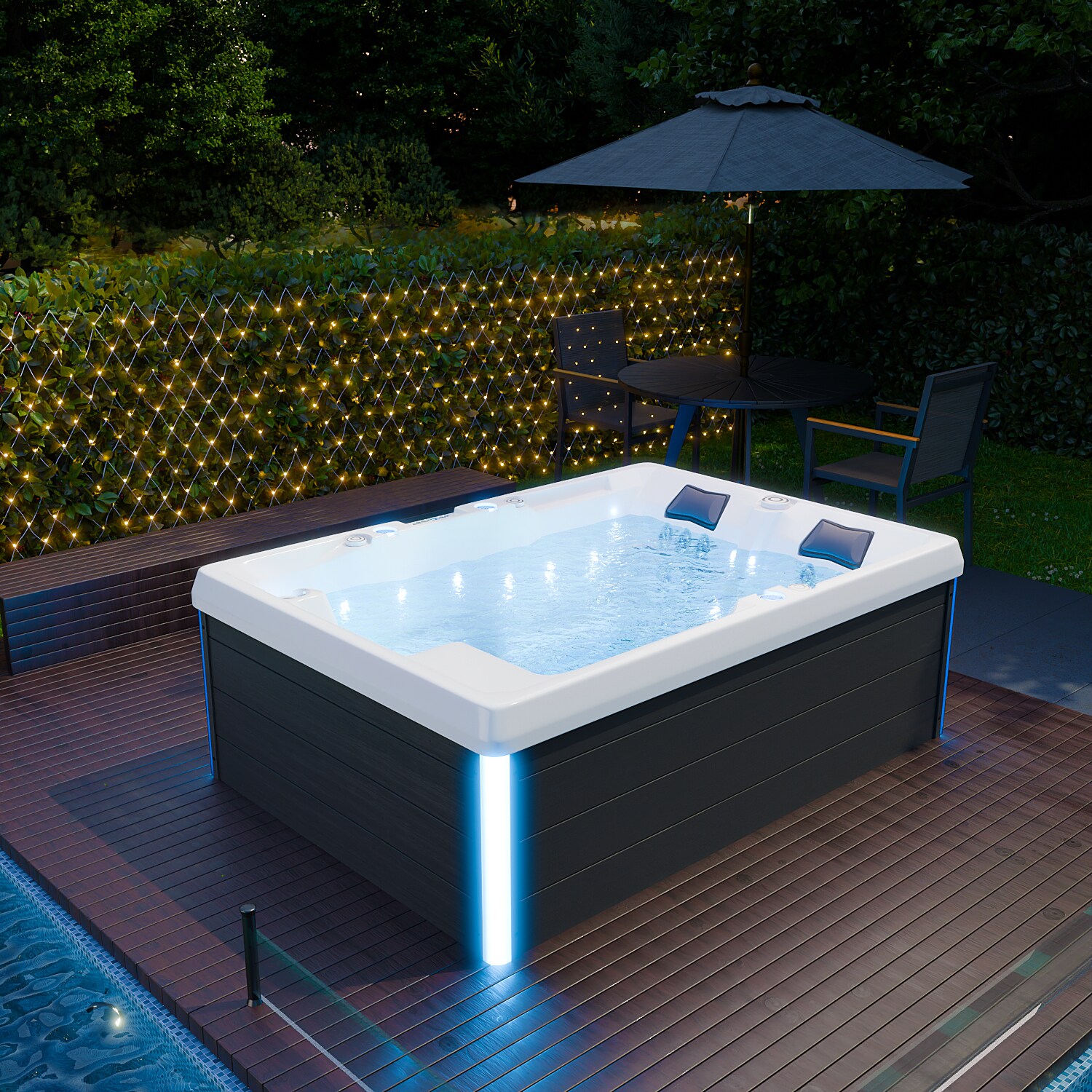TroniTechnik® Outdoor Whirlpool Spa ELBA 210cm x 150cm mit Heizung, Hydromassage, Sanitäracryl, Farblicht, Abdeckung, Treppe