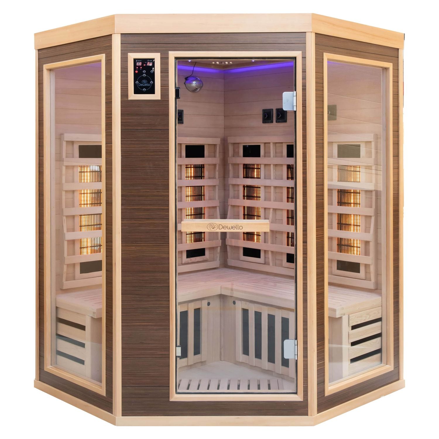 Dewello® Infrarotkabine Infrarotsauna MONTREAL 140cm x 140cm inkl. 6 Vollspektrumstrahler, 3 Karbonstrahler, Farblicht