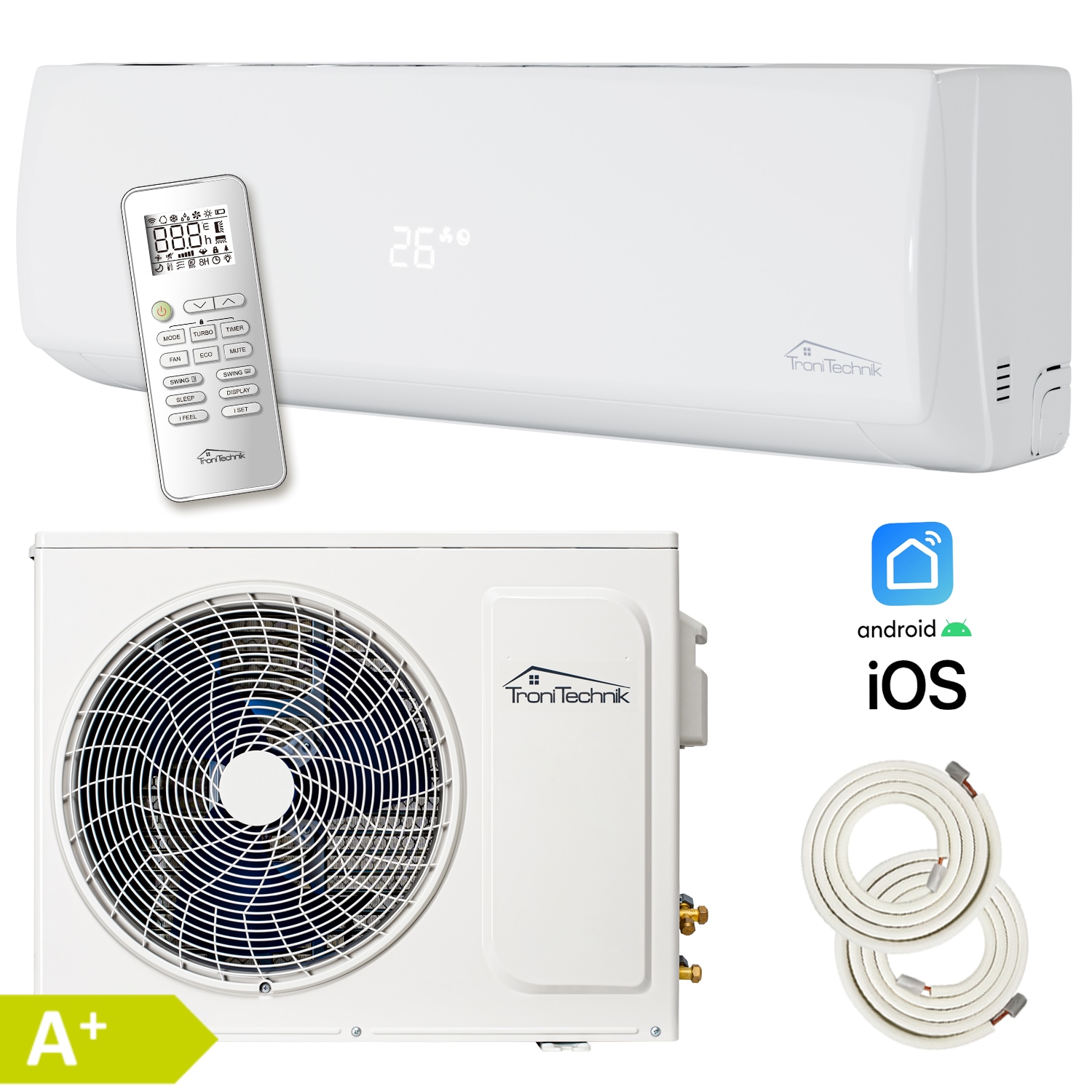 Tronitechnik® Dalvik 2 Klimaanlage Set Split mit WiFi/App Klimagerät - Kühlen A++/ Heizen A+ -12000 BTU/h, inkl. Zubehör