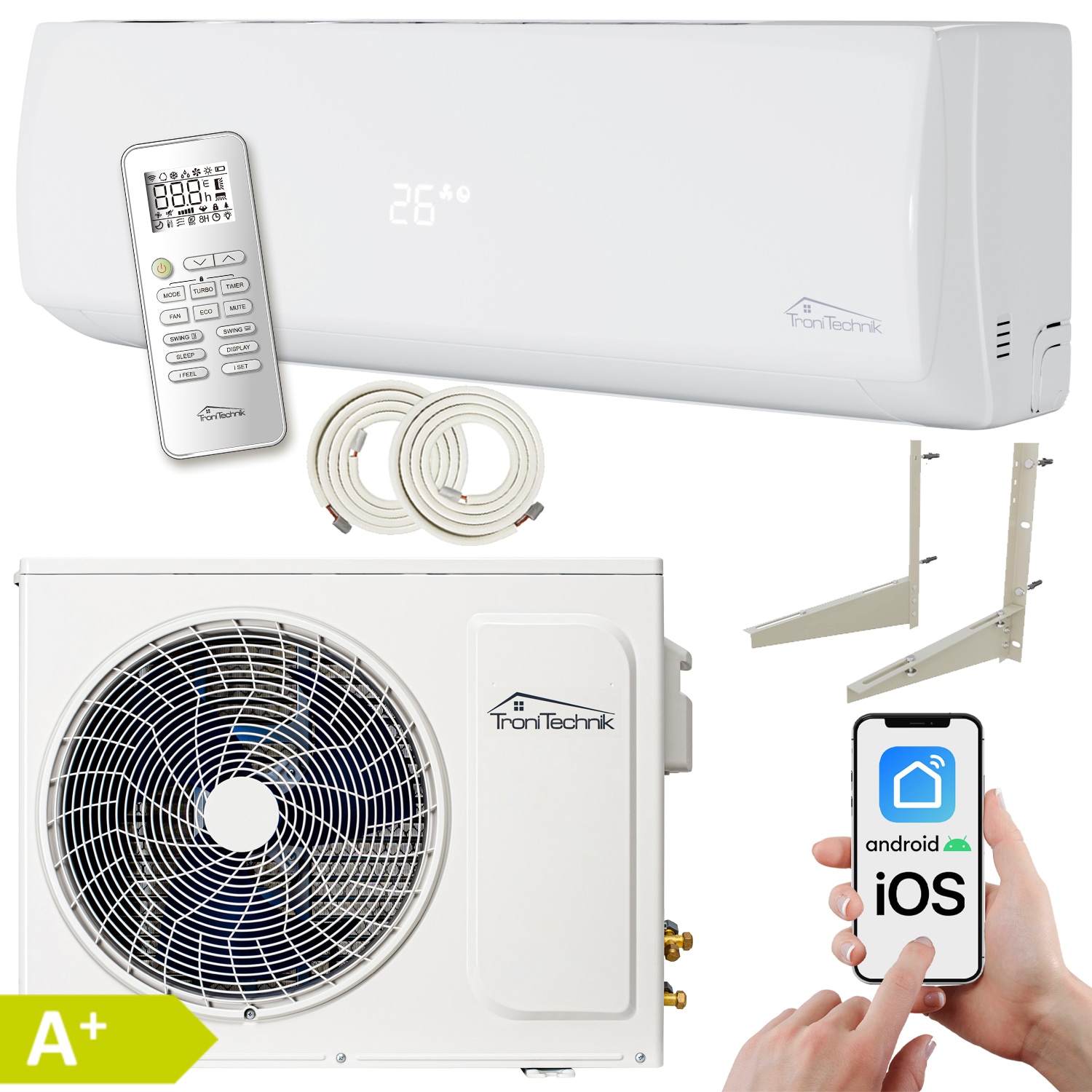 Tronitechnik® Dalvik 2 Klimaanlage Set Split mit WiFi/App Funktion Klimagerät - Kühlen A++/ Heizen A+ -12000 BTU/h, Fern