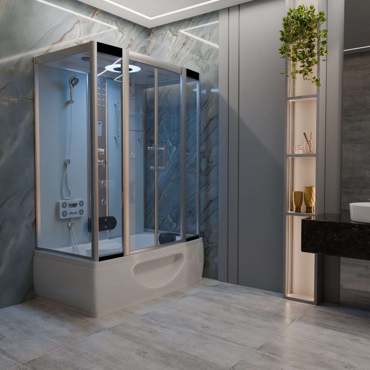 TroniTechnik® Duschtempel Dusche IKARIA 135x80x220cm Komplettdusche Fertigdusche mit Wanne, Duschkabine mit Badewanne, freistehend, inkl. Zubehör, Regendusche, Massage online kaufen bei Netto