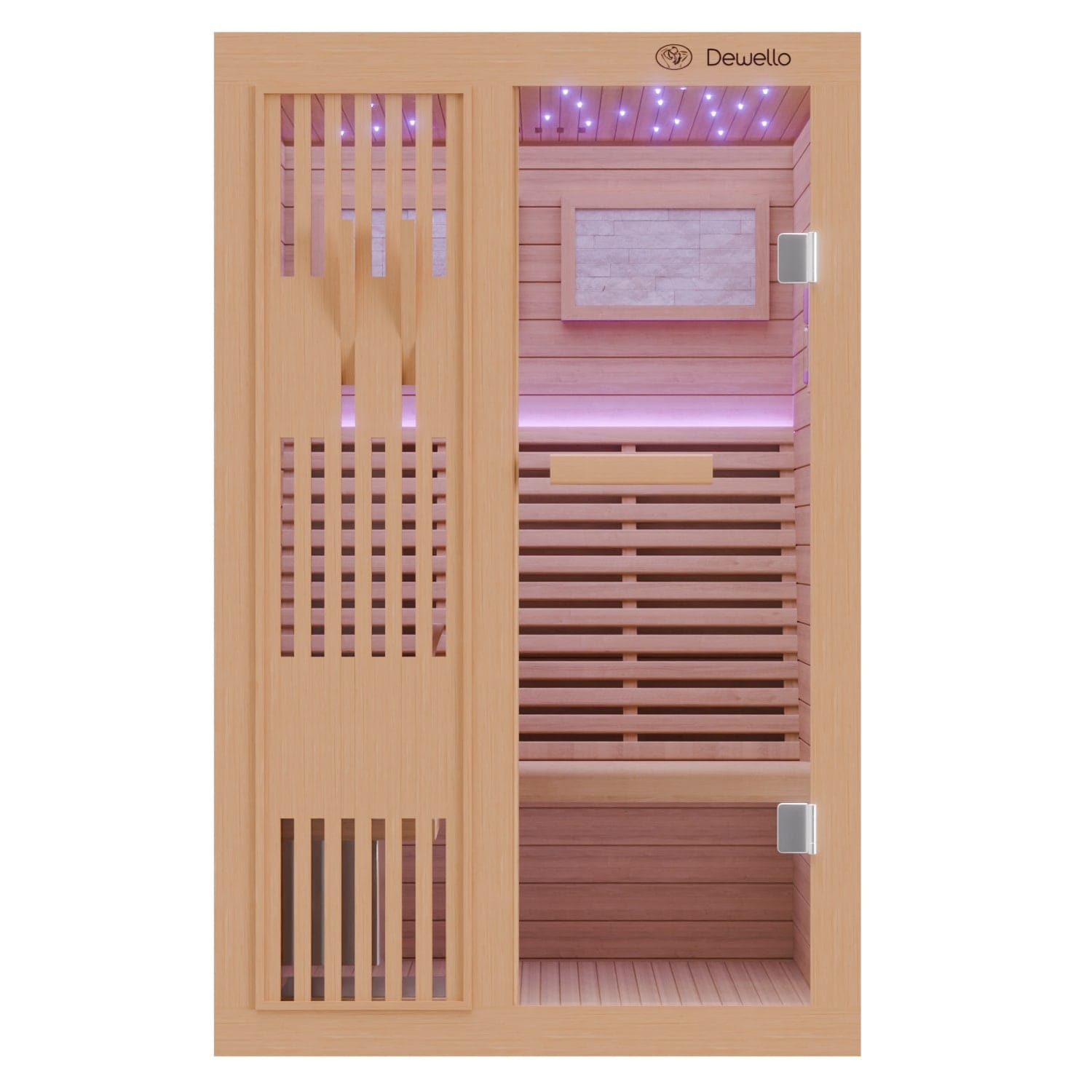 Dewello Finnische Sauna MINTO 120x120 Kabine aus Hemlock Tannenholz mit 3,5 kW Harvia Ofen, inkl Sauna Set