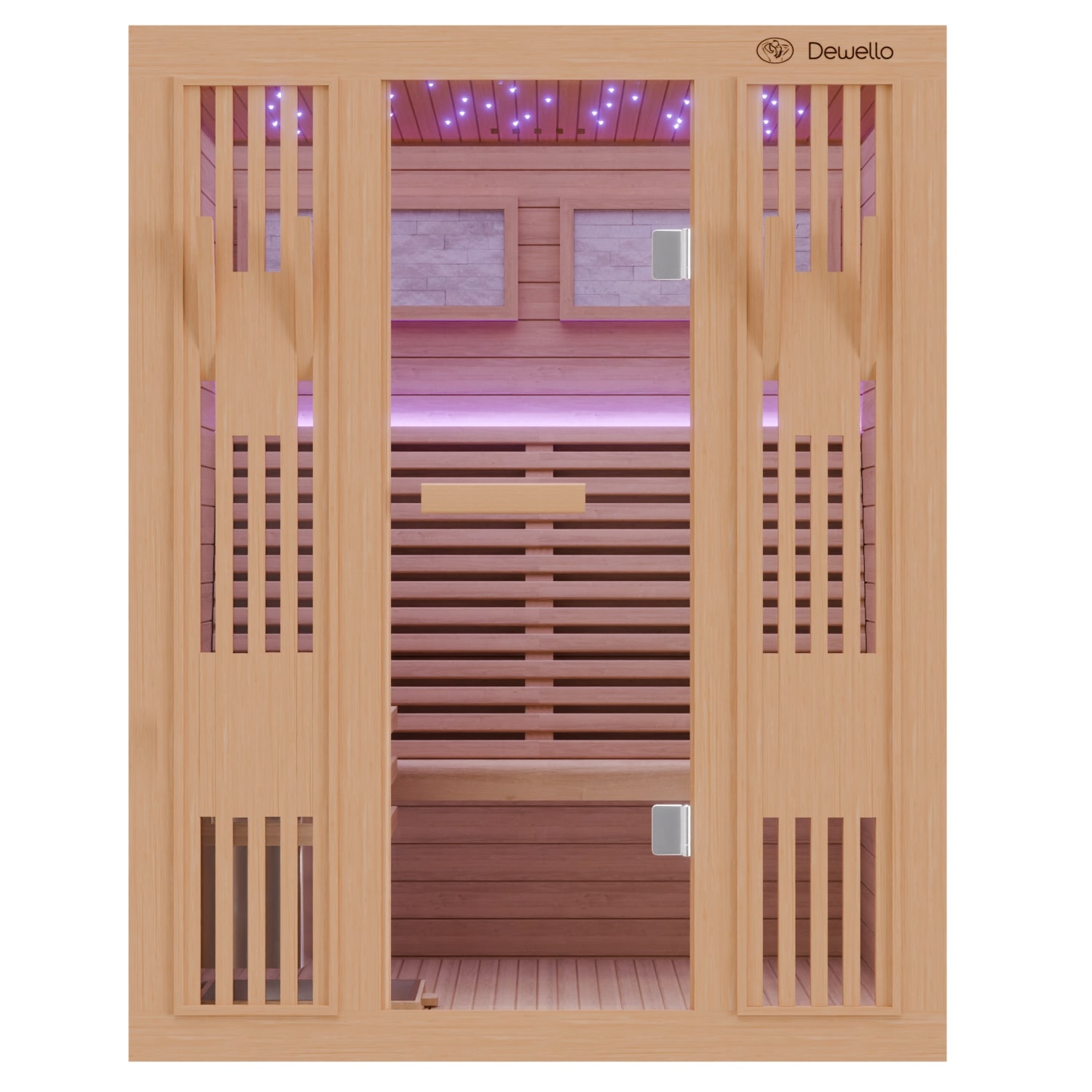 Dewello Finnische Sauna MINTO 150x130 Kabine aus Hemlock Tannenholz mit 4,5 kW Harvia Ofen, inkl Sauna Set - Bild 1
