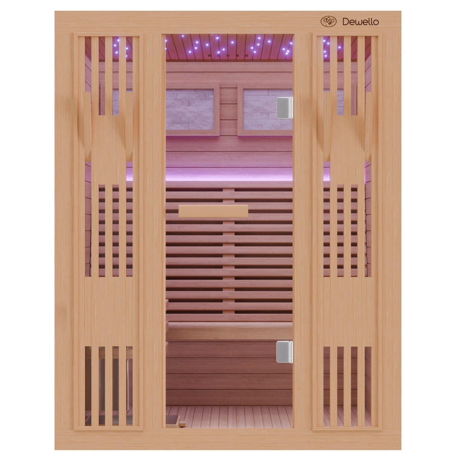 Dewello Finnische Sauna MINTO 150x130cm Kabine aus Hemlock Tannenholz mit 4,5 kW Harvia Ofen, inkl Sauna Set