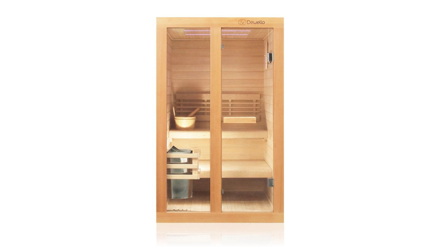 Dewello Finnische Sauna TOFINO 120x140 Kabine aus Hemlock Tannenholz mit 3,5 kW Harvia Ofen, inkl Sauna Set - Bild 1