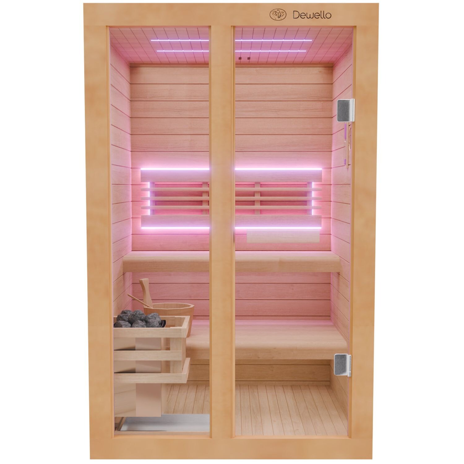 Dewello Finnische Sauna TOFINO 120x140cm Kabine aus Hemlock Tannenholz mit 3,5 kW Harvia Ofen, inkl Sauna Set
