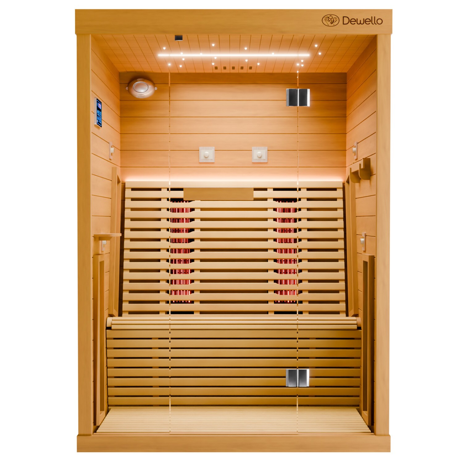 Dewello® Infrarotkabine Infrarotsauna PALERMO 135×120 für 1-2 Personen aus Hemlockholz, Vollspektrumstrahler, Bodenstrahler, LED-Farblicht und Beleuchtung, Bluetooth | 04251575102767