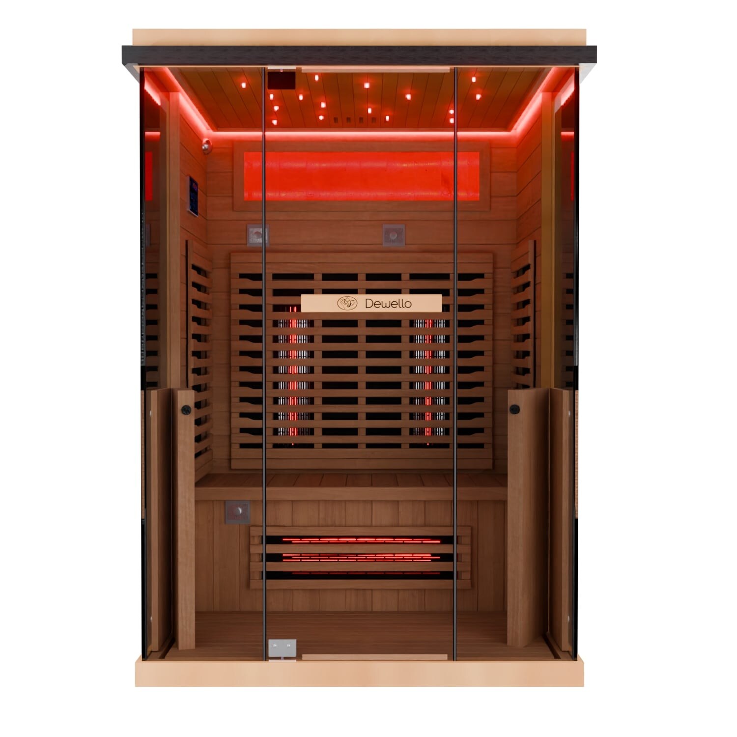 Dewello® Infrarotkabine Infrarotsauna KENORA 130×105 für 1-2 Personen aus Hemlockholz, Dual Therm, mit Salzsteinoptik | 04251575103573