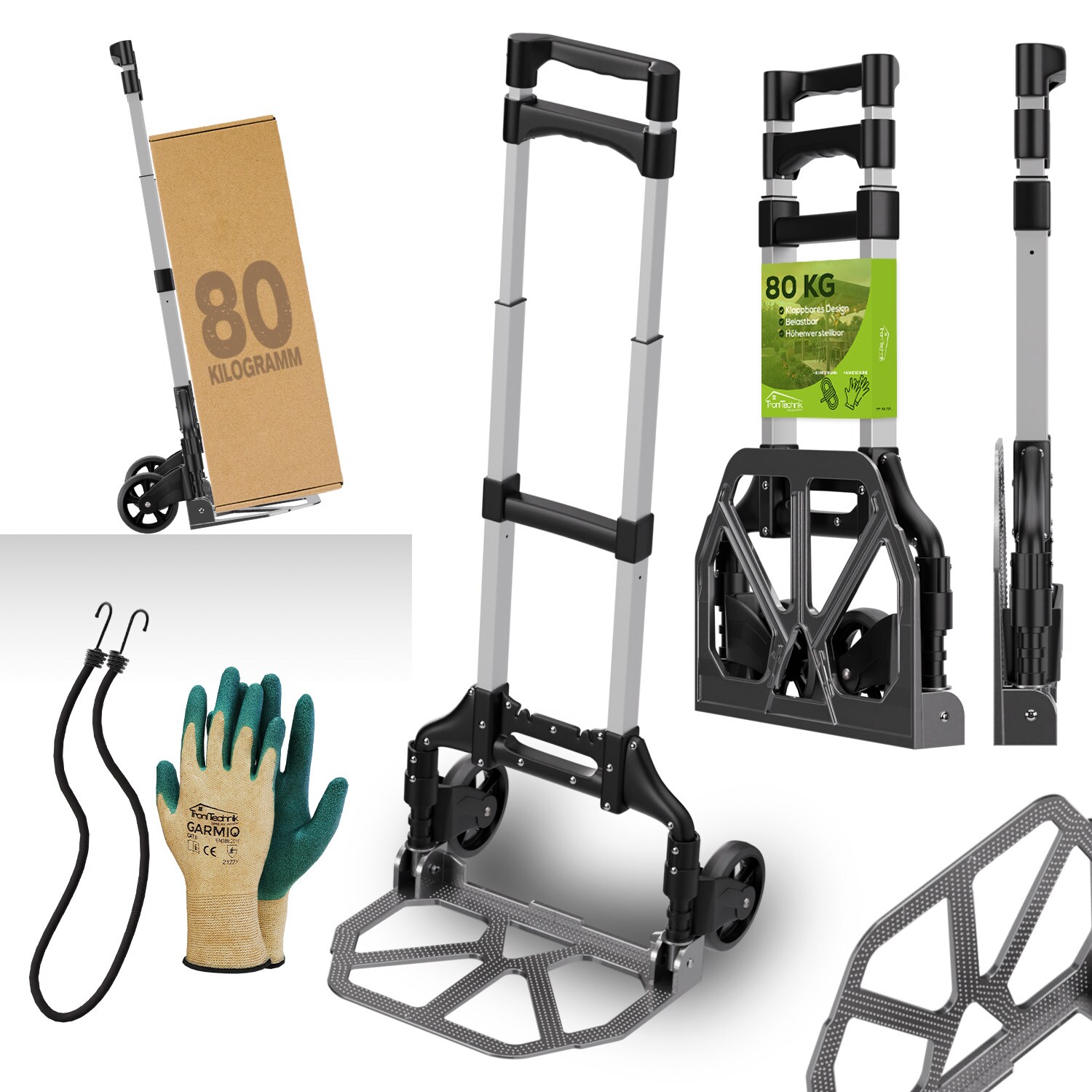 TroniTechnik® Sackkarre Handkarre klappbar, Transportkarre bis 80kg, Klappwagen – Vollgummireifen, höhenverstellbar | 04062048010607