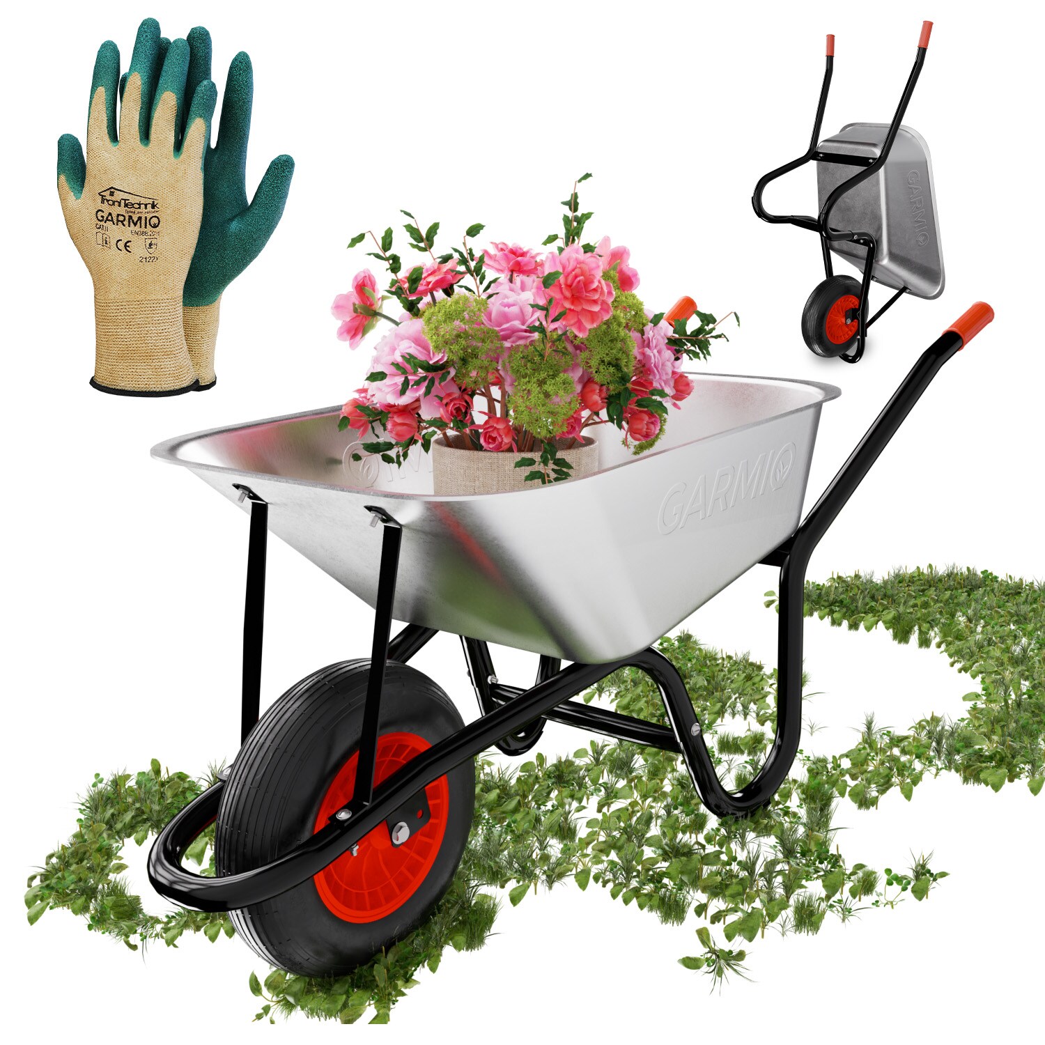 GARMIO® Schubkarre 85 Liter bis 160 kg Garten Bauschubkarre, Luftreifen mit Felge – Wanne verzinkt | 04068645000232