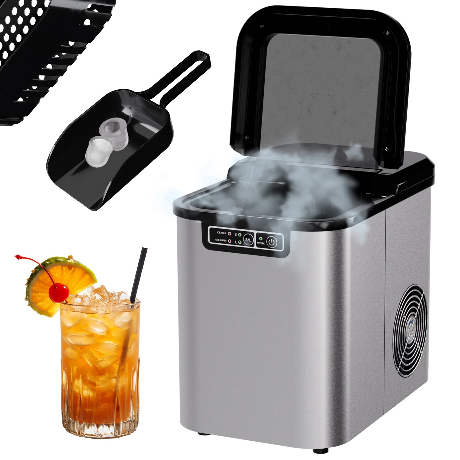 TroniTechnik® Eiswürfelmaschine Eiswürfelbereiter aus Edelstahl , Ice Maker, 12kg/24h, 2,2 Liter Wassertank, 2 Größen, Selbstreinigung