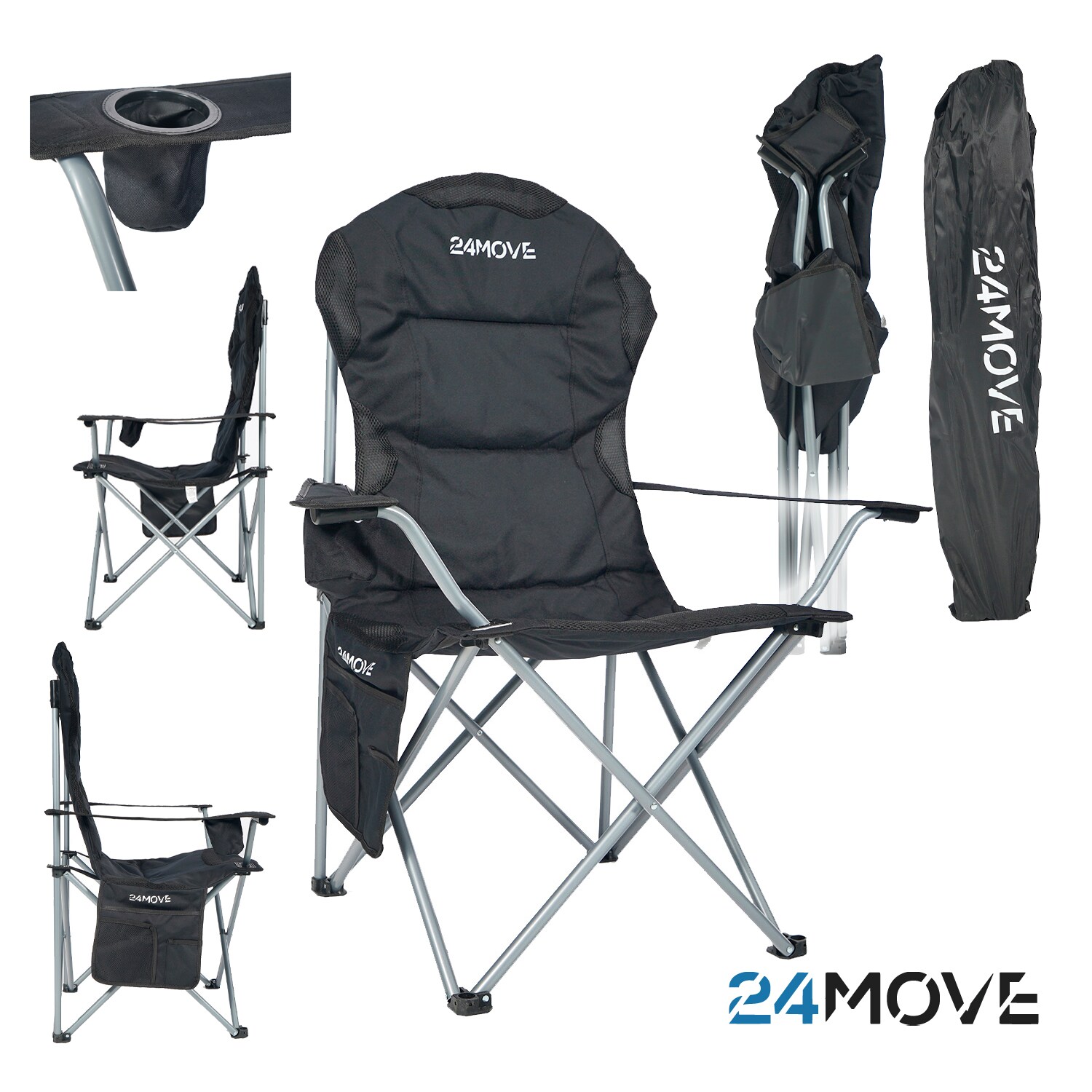 24MOVE® Campingstuhl Salvador faltbar Camping Klappstuhl gepolstert inkl. Tragetasche, bis 150kg belastbar, schwarz | 04099799000434