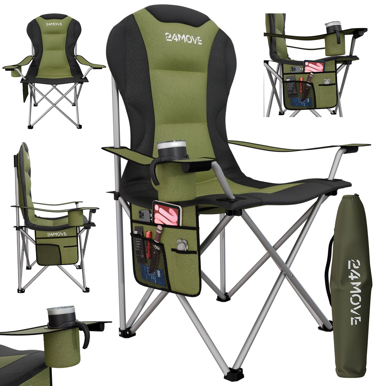 24MOVE® Campingstuhl Salvador faltbar Camping Klappstuhl gepolstert inkl. Tragetasche, bis 150kg belastbar, grün