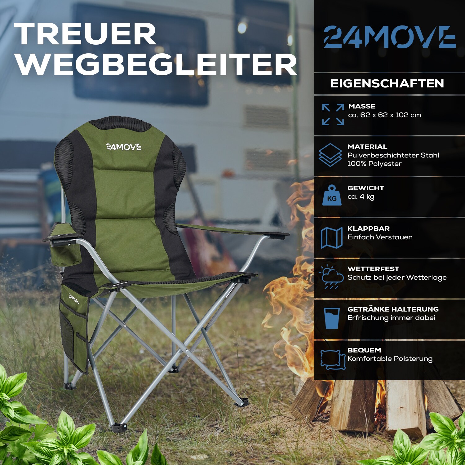 24MOVE Campingstuhl Salvador faltbar Camping Klappstuhl gepolstert inkl.  Tragetasche, bis 150kg belastbar, grn online kaufen bei Netto