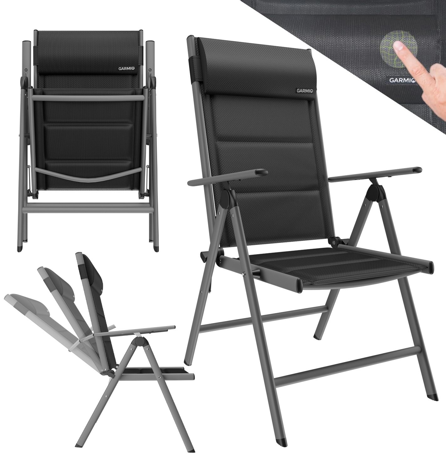 GARMIO&reg; Gartenstuhl Balkonstuhl FLORENZ schwarz, 7-fach verstellbar, klappbar, inkl. Nackenkissen, f&uuml;r Terrasse - Bild 1