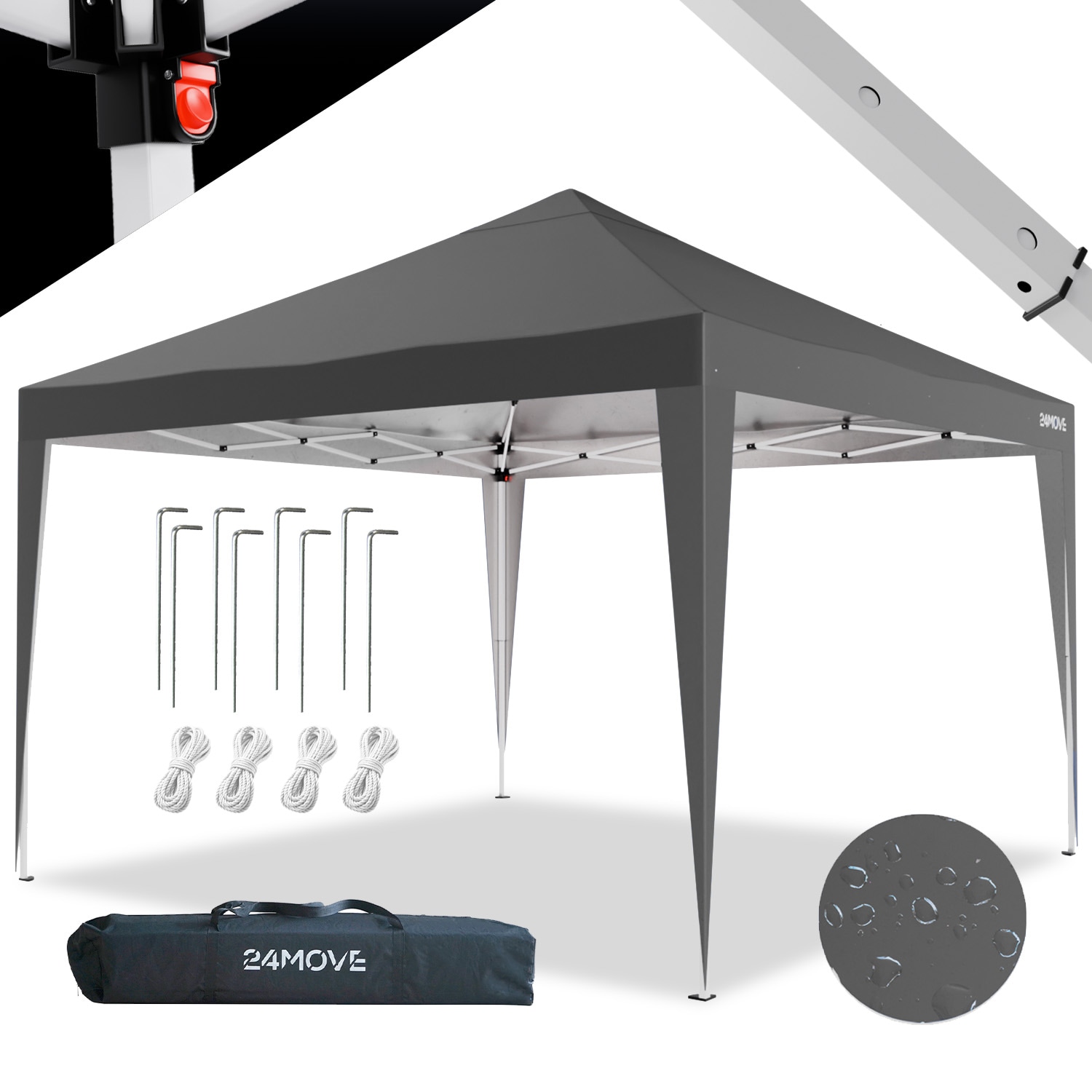 24MOVE&reg; Pavillon Santos 3x3m Pop-Up UV-Schutz 50+ Wasserdicht & winterfest mit Tasche faltbar & stabil, f&uuml;r Camping & Garten Faltpavillon - Partyzelt Grau - Bild 1