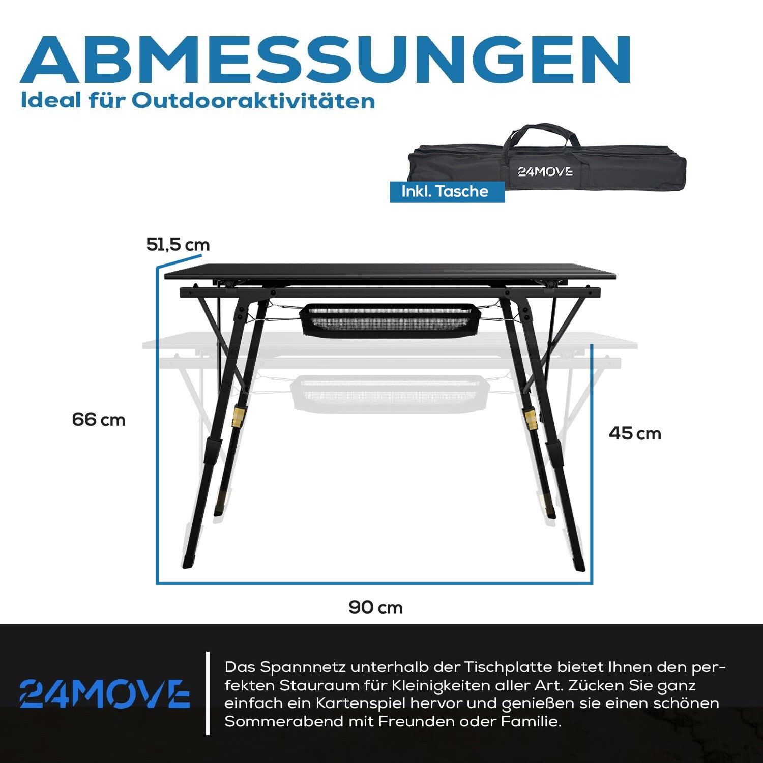 24MOVE Campingtisch Klapptisch mit Aluminiumrahmen, Tischplatte  aufrollbar, Falttisch klappbar, hhenverstellbar, inkl. Tragetasche - bis  30 kg, Anthrazitgrau online kaufen bei Netto