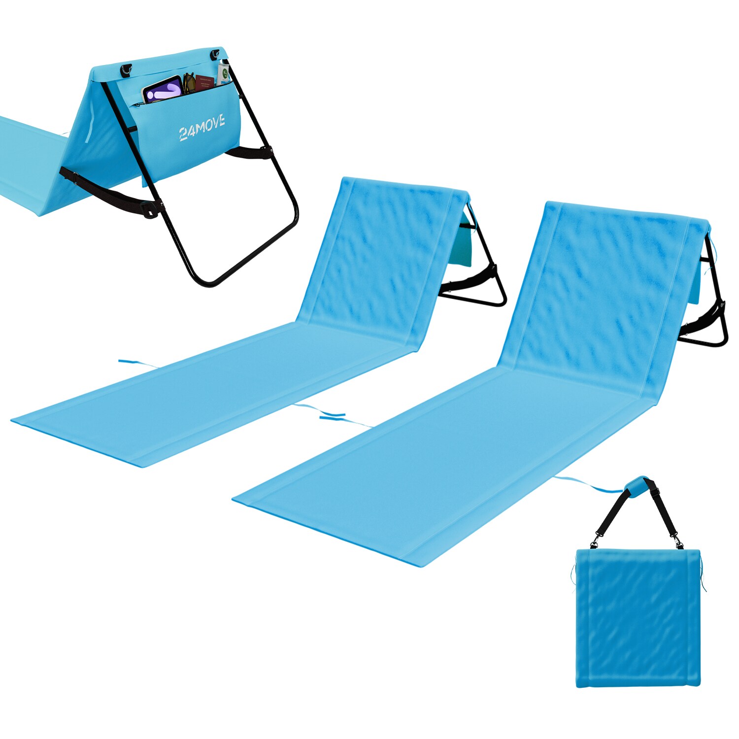 24MOVE&reg; Strandmatte 2er Set klappbar mit R&uuml;ckenlehne, Strandliege mit Gurt, tragbar f&uuml;r Strand und Garten, Liegematte blau - Bild 1
