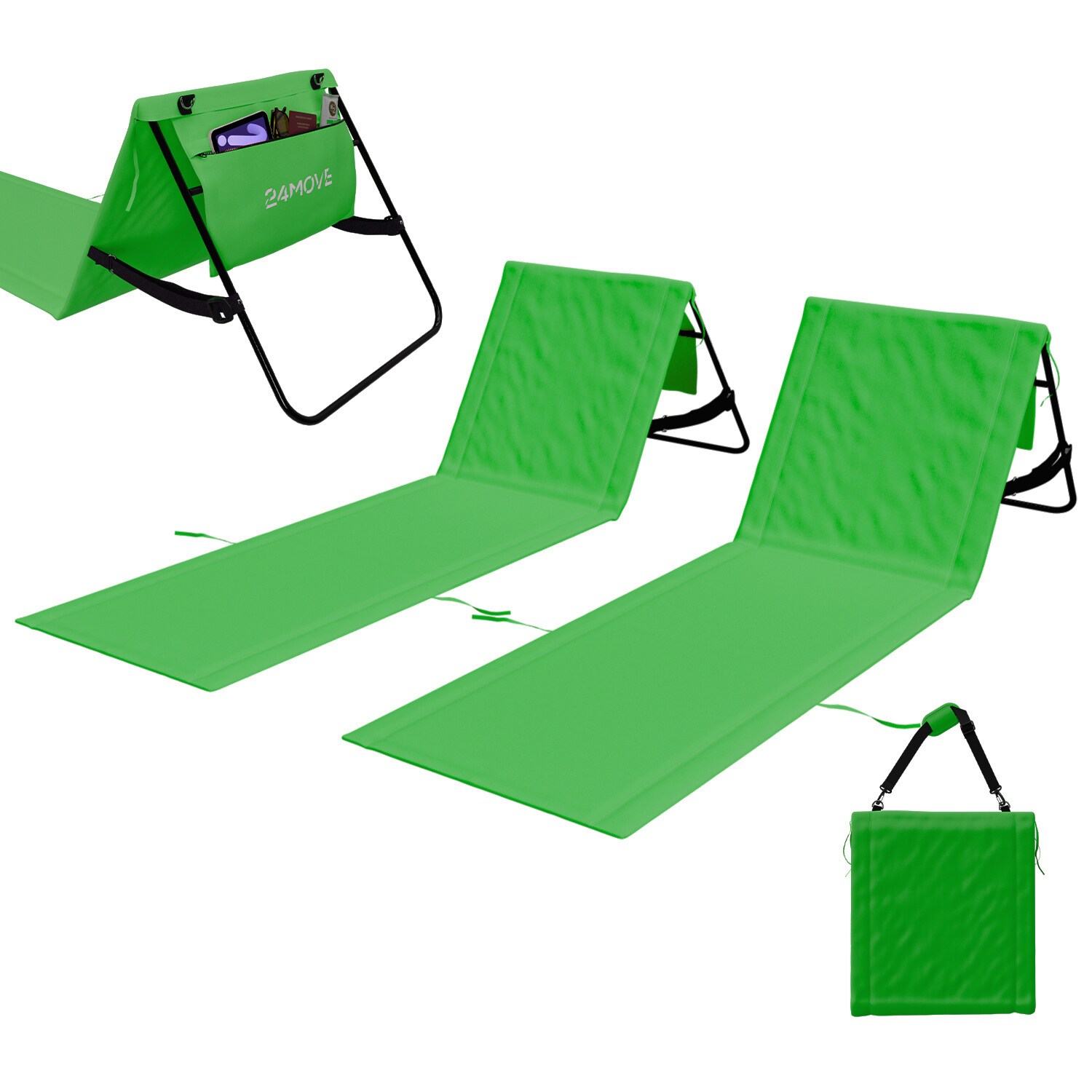 24MOVE® Strandmatte 2er Set klappbar mit Rückenlehne, Strandliege mit Gurt, tragbar für Strand und Garten, Liegematte grün