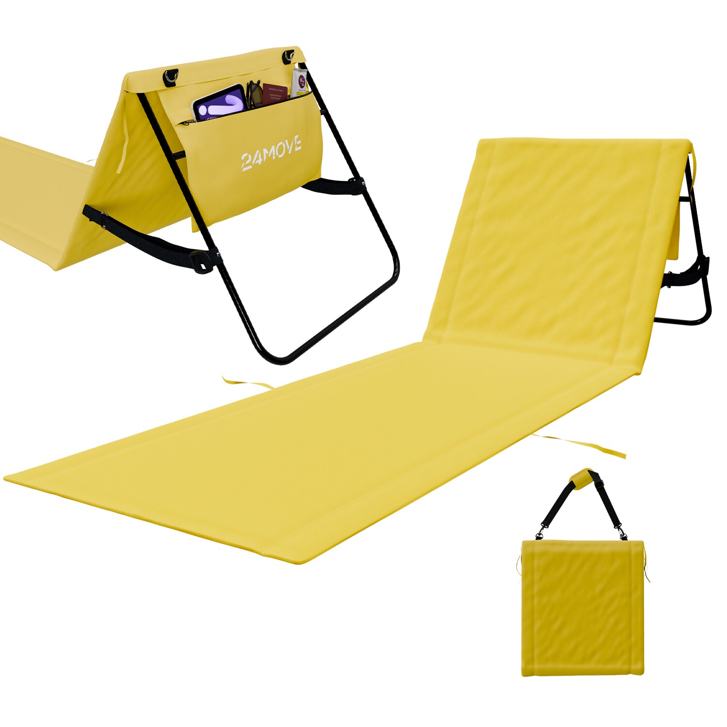 24MOVE&reg; Strandmatte 1er Set klappbar mit R&uuml;ckenlehne, Strandliege mit Gurt, tragbar f&uuml;r Strand und Garten, Liegematte gelb - Bild 1