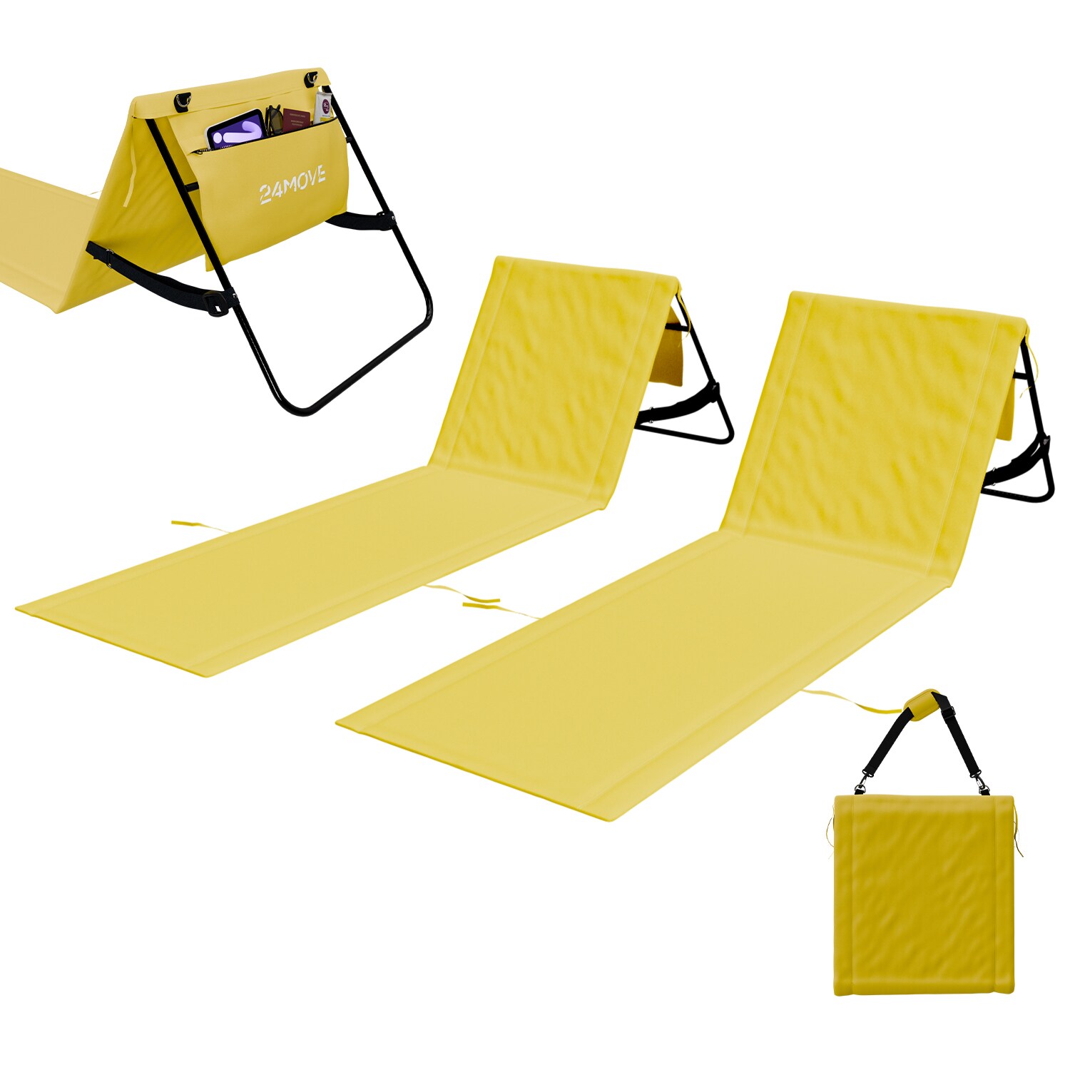 24MOVE&reg; Strandmatte 2er Set klappbar mit R&uuml;ckenlehne, Strandliege mit Gurt, tragbar f&uuml;r Strand und Garten, Liegematte gelb - Bild 1