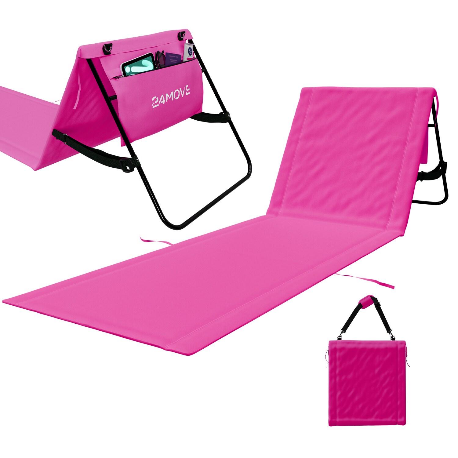 24MOVE&reg; Strandmatte 1er Set klappbar mit R&uuml;ckenlehne, Strandliege mit Gurt, tragbar f&uuml;r Strand und Garten, Liegematte rosa - Bild 1