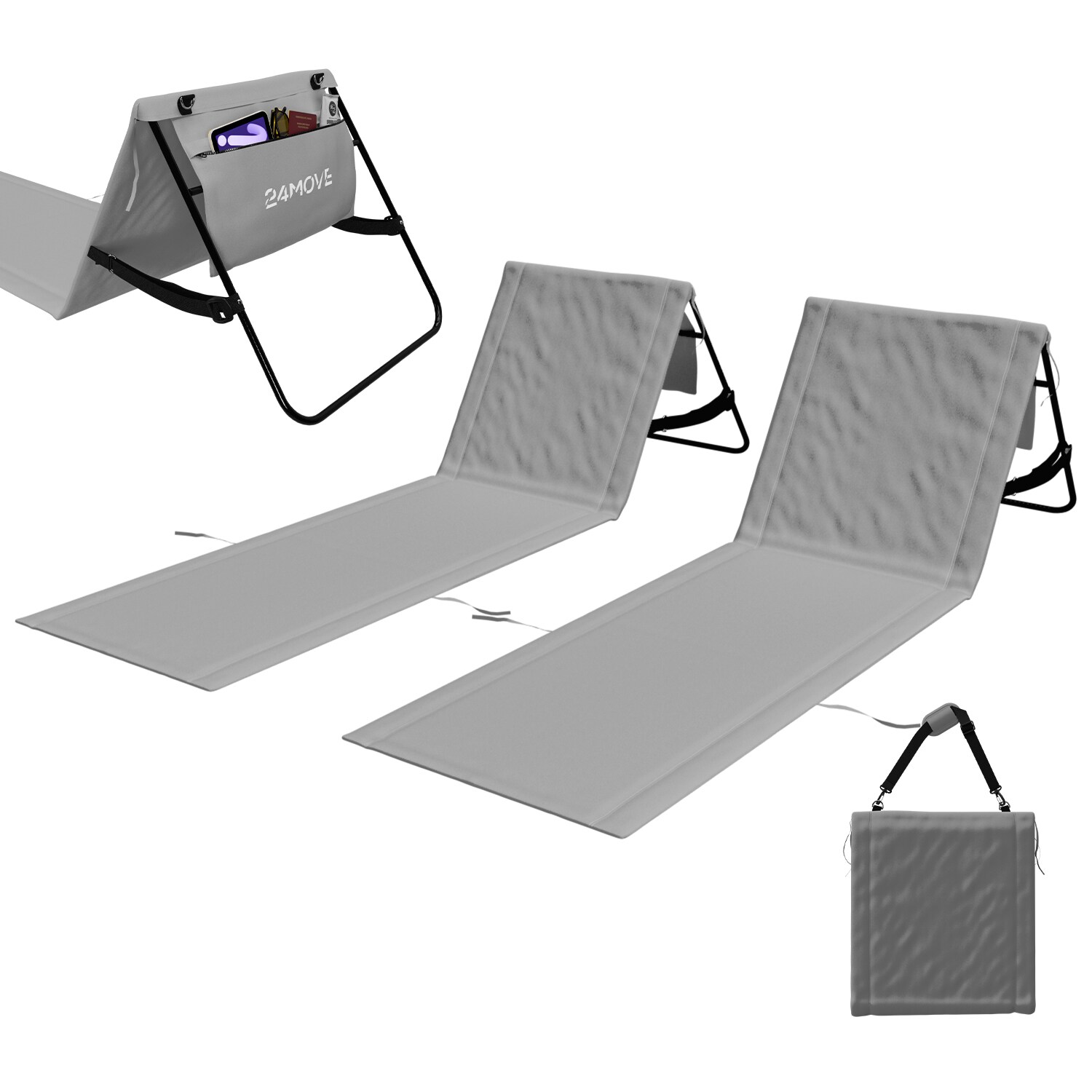 24MOVE&reg; Strandmatte 2er Set klappbar mit R&uuml;ckenlehne, Strandliege mit Gurt, tragbar f&uuml;r Strand und Garten, Liegematte grau - Bild 1