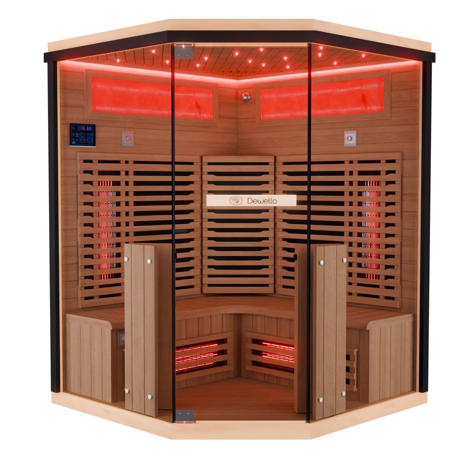 Dewello® Infrarotkabine Infrarotsauna KENORA 140×140 für 2-3 Personen aus Hemlockholz, Dual-Therm, mit Salzsteinoptik | 04251575103559