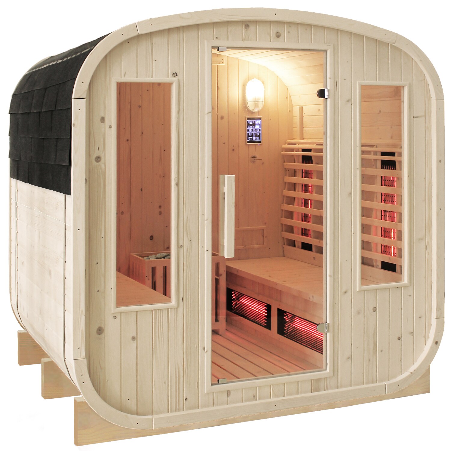 Dewello® – Outdoor Fasssauna Richmond – ca. 200 cm x 180 cm x 200 cm, Fichtenholz – Cube inkl. 10 Infrarotstrahler, Saunaofen und Saunazubehör I Gartensauna, Außensauna, Sauna Fass für 4 Personen | 04251575102781
