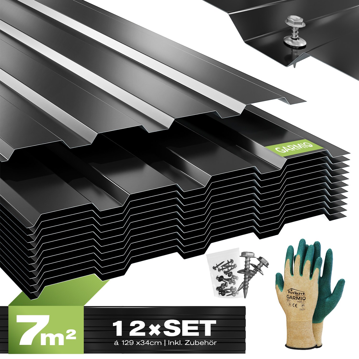 GARMIO® Profilblech Trapezblech Amalfi 129 Set 12 Stück Dachblech 129x45 cm, verzinkter Stahl schwarz