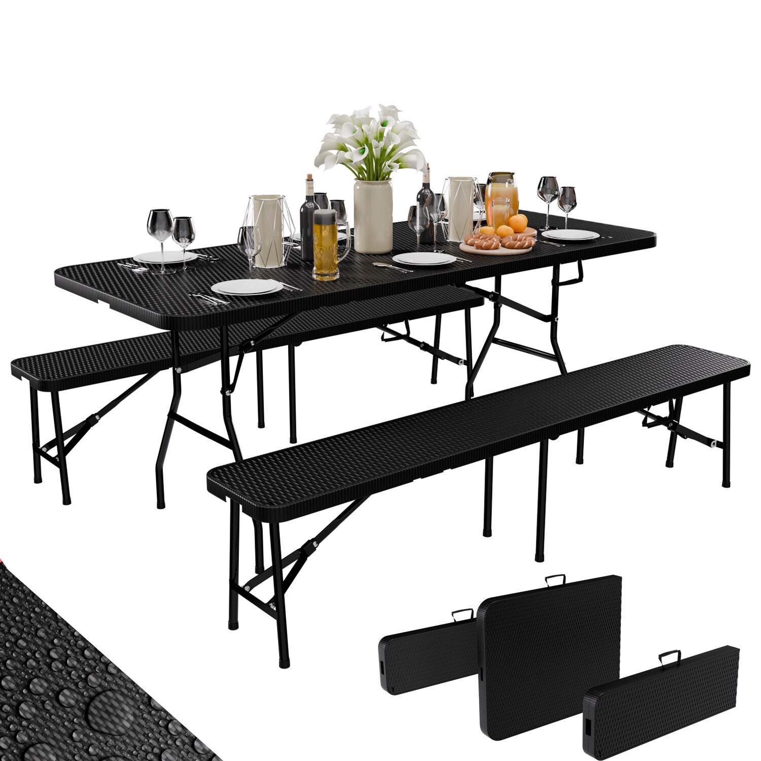 24MOVE® Bierzeltgarnitur 3-teiliges Set Klappbarer Tisch und 2 Bänke aus Rattan, wetterfeste Gartengarnitur für drinnen & draußen