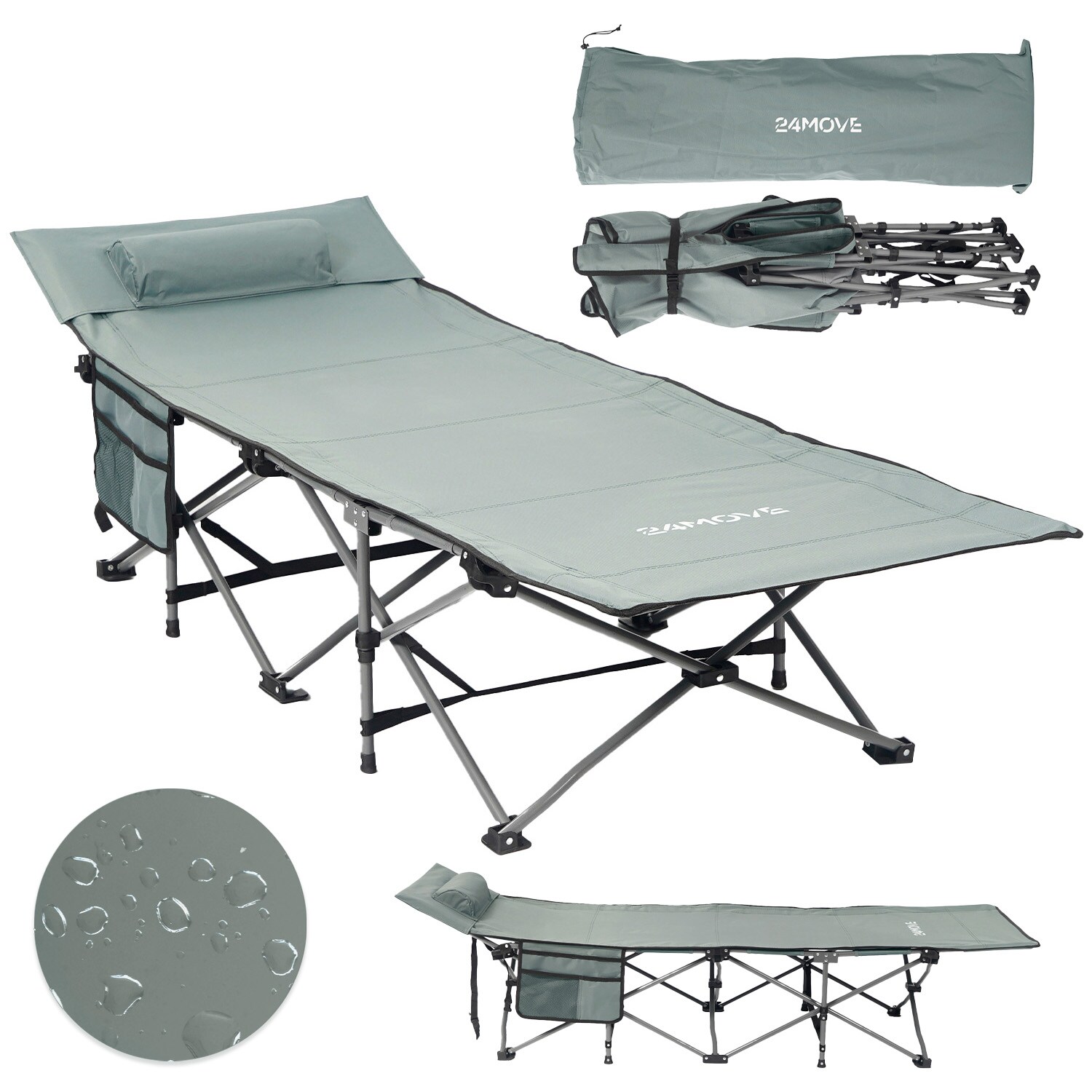 24MOVE® Feldbett Campingbett bis 150 kg In-und Outdoor Camping faltbar mit Seitentasche und Kissen