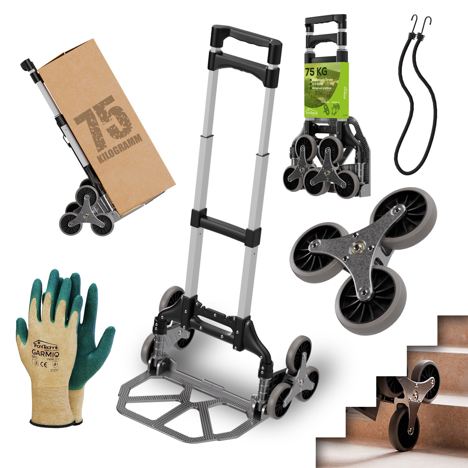 TroniTechnik® Sackkarre Handkarre klappbar, Transportkarre bis 75kg, Klappwagen für Treppen - Sternrad, höhenverstellbar