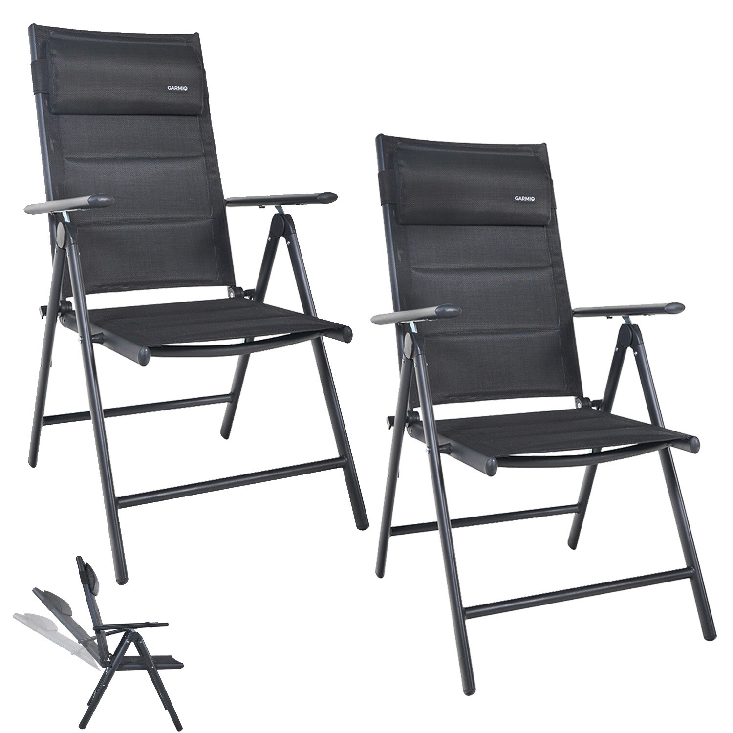 GARMIO® Gartenstuhl Balkonstuhl FLORENZ anthrazit, 2er SET, 7-fach verstellbar, klappbar, inkl. Nackenkissen, für Terrasse