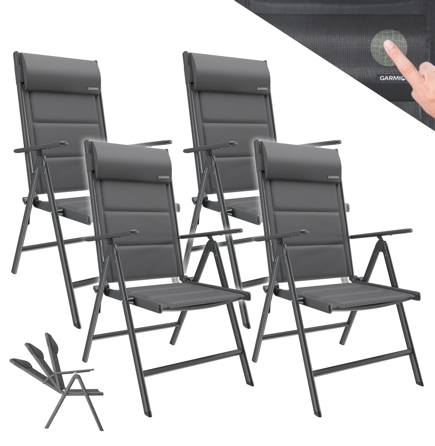 GARMIO® Gartenstuhl Balkonstuhl FLORENZ anthrazit, 4er SET, 7-fach verstellbar, klappbar, inkl. Nackenkissen, für Terrasse