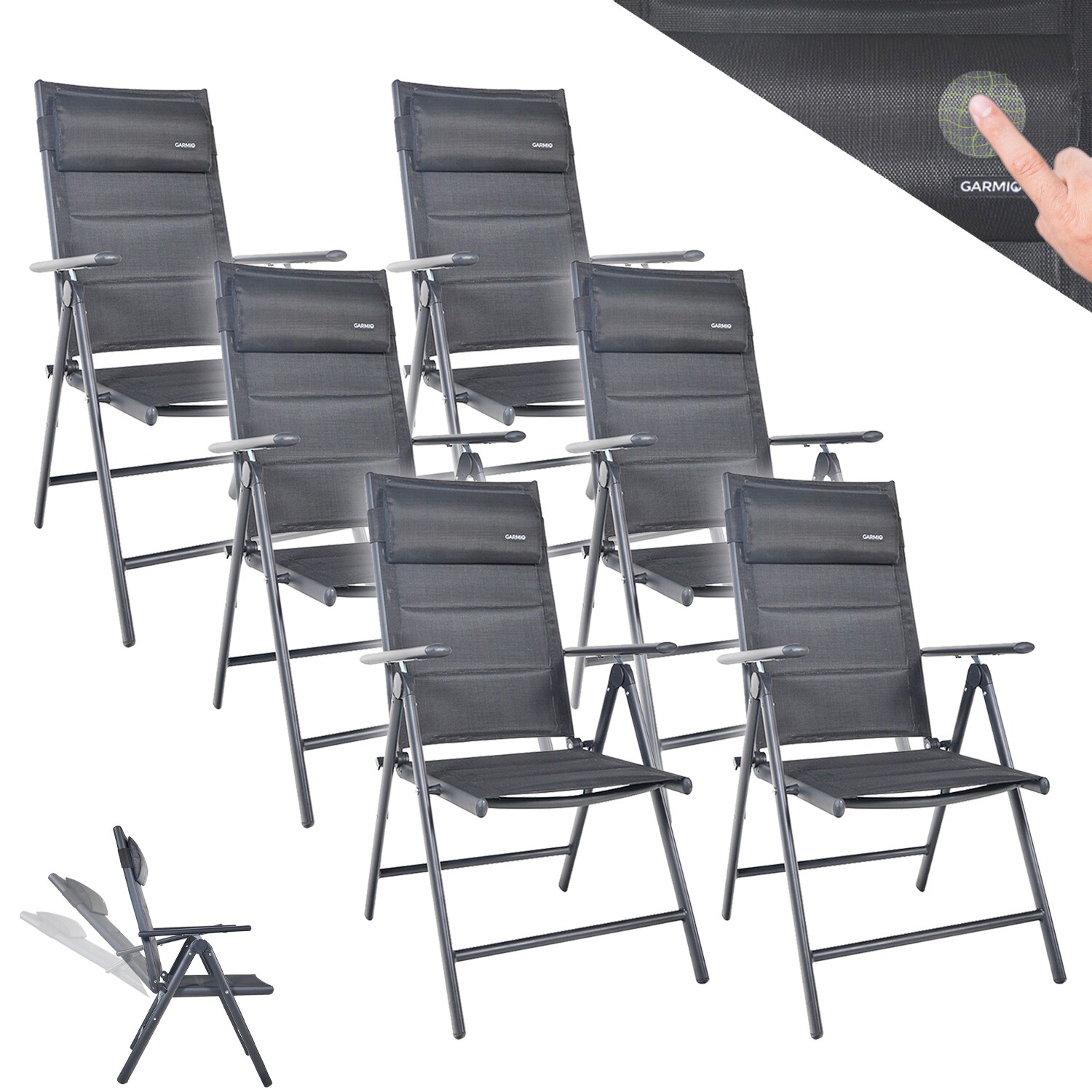 GARMIO&reg; Gartenstuhl Balkonstuhl FLORENZ anthrazit,6er SET, 7-fach verstellbar, klappbar, inkl. Nackenkissen, f&uuml;r Terrasse - Bild 1