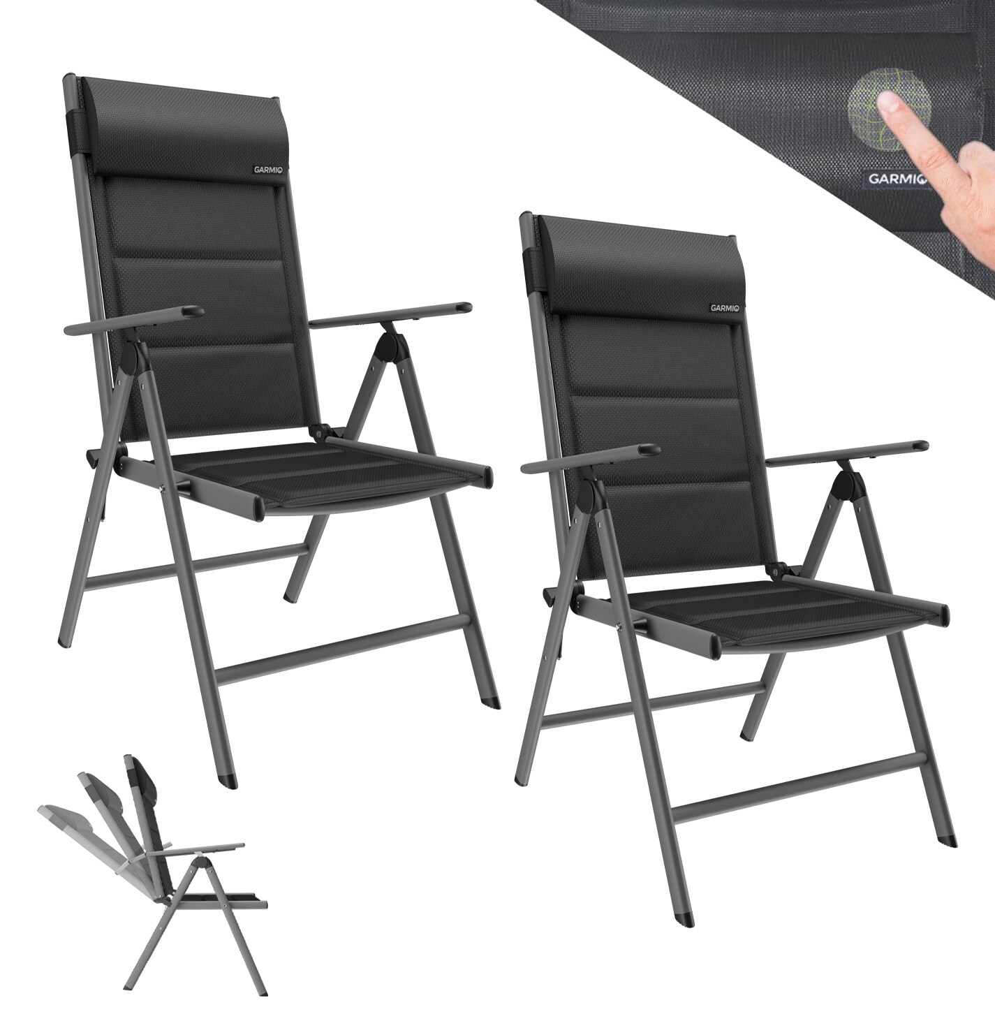 GARMIO&reg; Gartenstuhl Balkonstuhl FLORENZ schwarz, 2er SET, 7-fach verstellbar, klappbar, inkl. Nackenkissen, f&uuml;r Terrasse - Bild 1