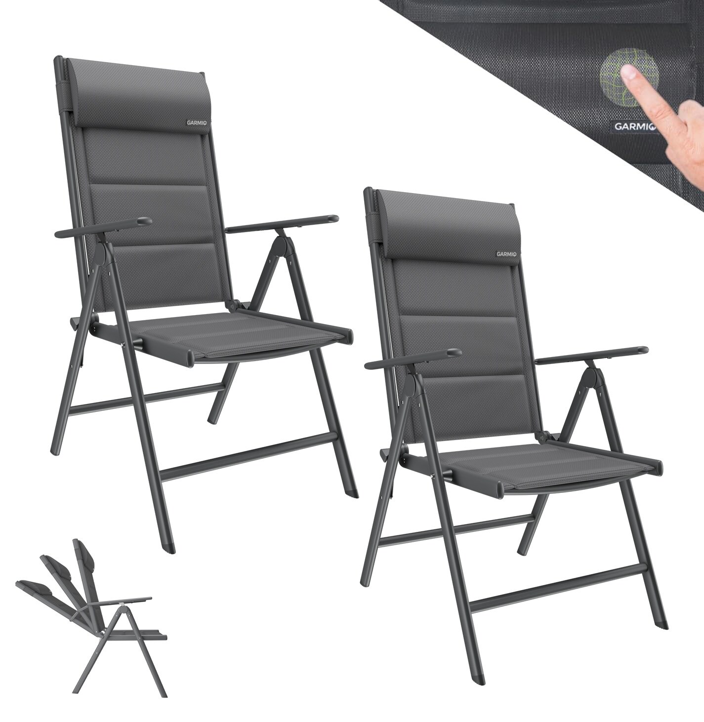 GARMIO® Gartenstuhl Balkonstuhl FLORENZ schwarz, 2er SET, 7-fach verstellbar, klappbar, inkl. Nackenkissen, für Terrasse