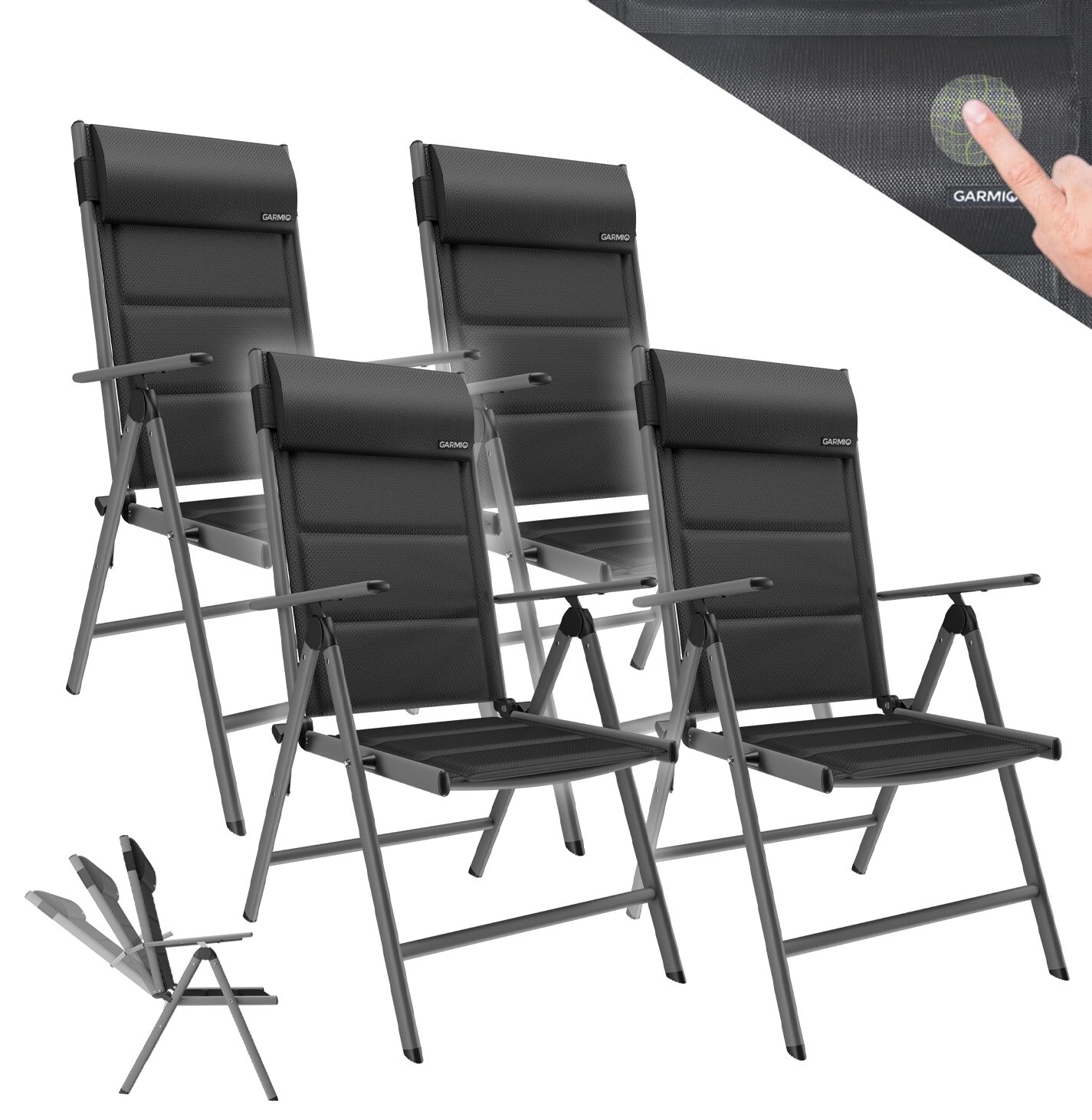 GARMIO&reg; Gartenstuhl Balkonstuhl FLORENZ schwarz, 4er SET, 7-fach verstellbar, klappbar, inkl. Nackenkissen, f&uuml;r Terrasse - Bild 1