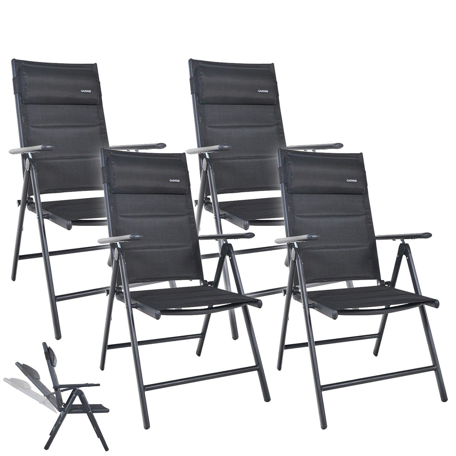 GARMIO® Gartenstuhl Balkonstuhl FLORENZ schwarz, 4er SET, 7-fach verstellbar, klappbar, inkl. Nackenkissen, für Terrasse